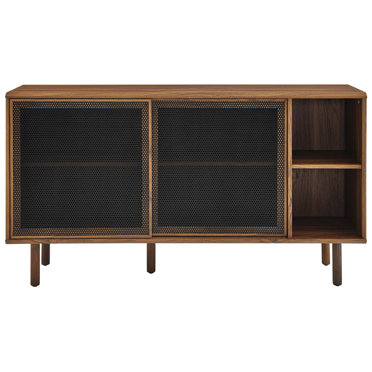 Walnut sideboard with dual perforated metal doors and open cubbies for display and storage || EEI-6235-WAL || front_studio
