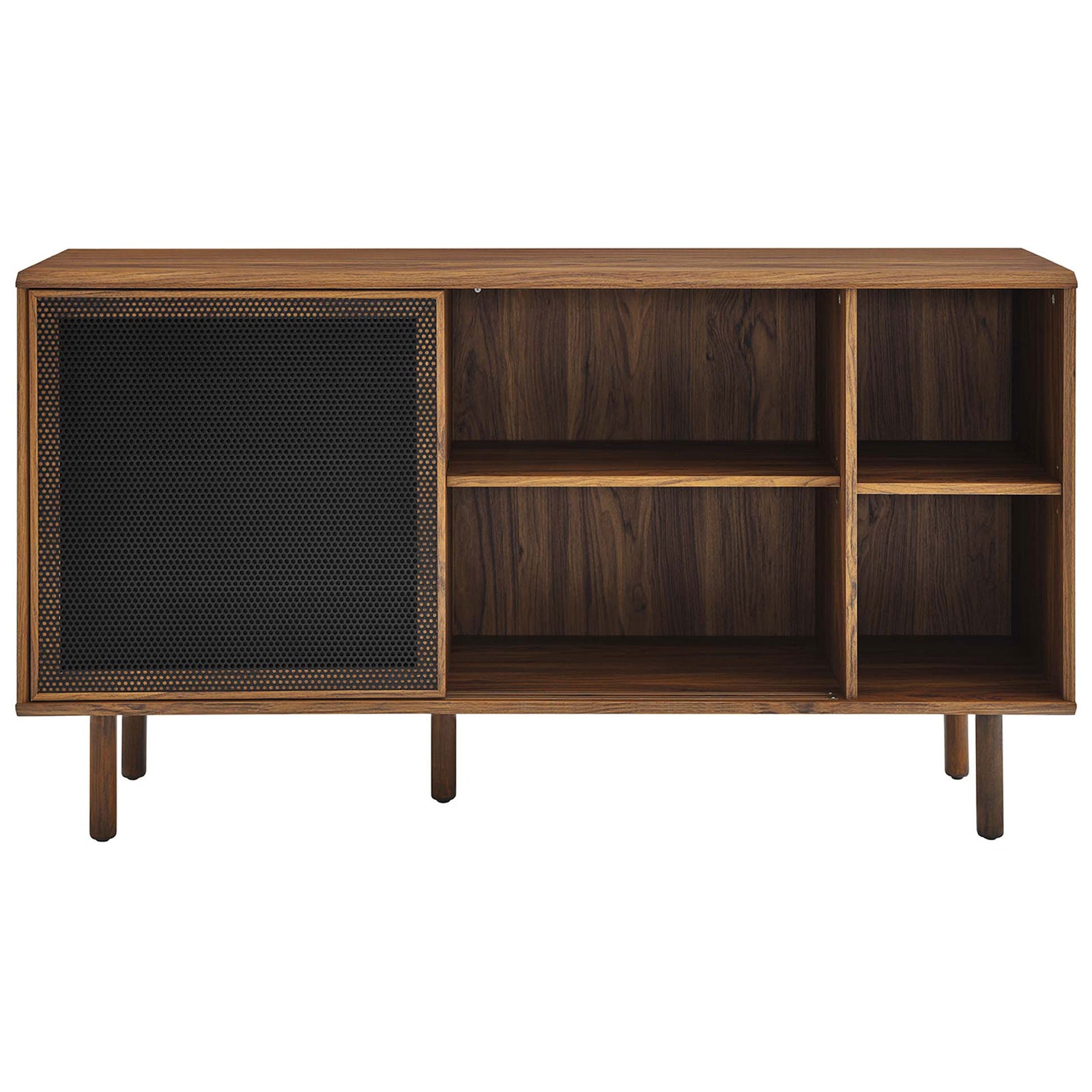 Versatile sliding doors offer concealed storage on one side and open shelving on the other || EEI-6235-WAL || front_studio