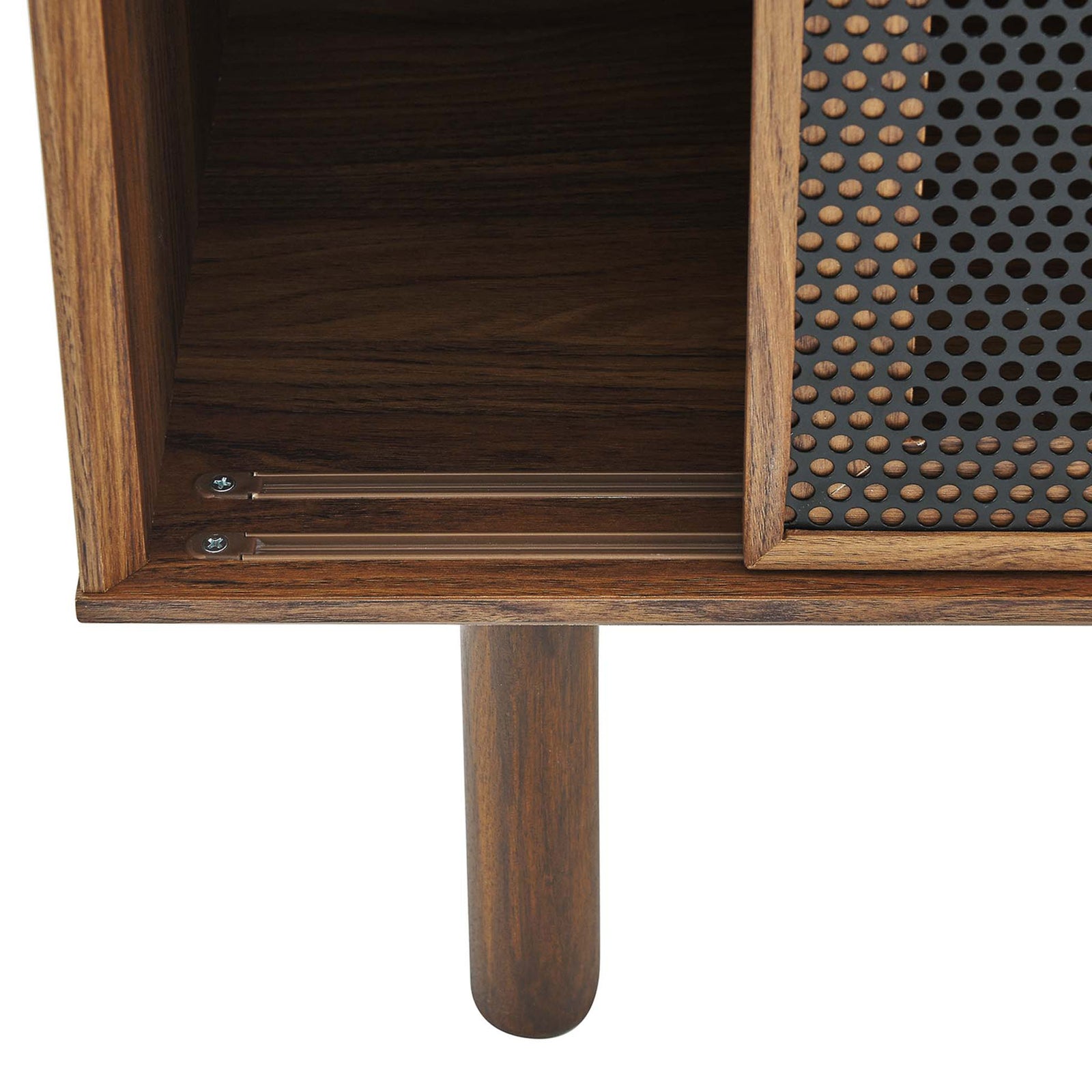Walnut finish leg and smooth metal door track add stability and industrial style || EEI-6235-WAL || leg_studio