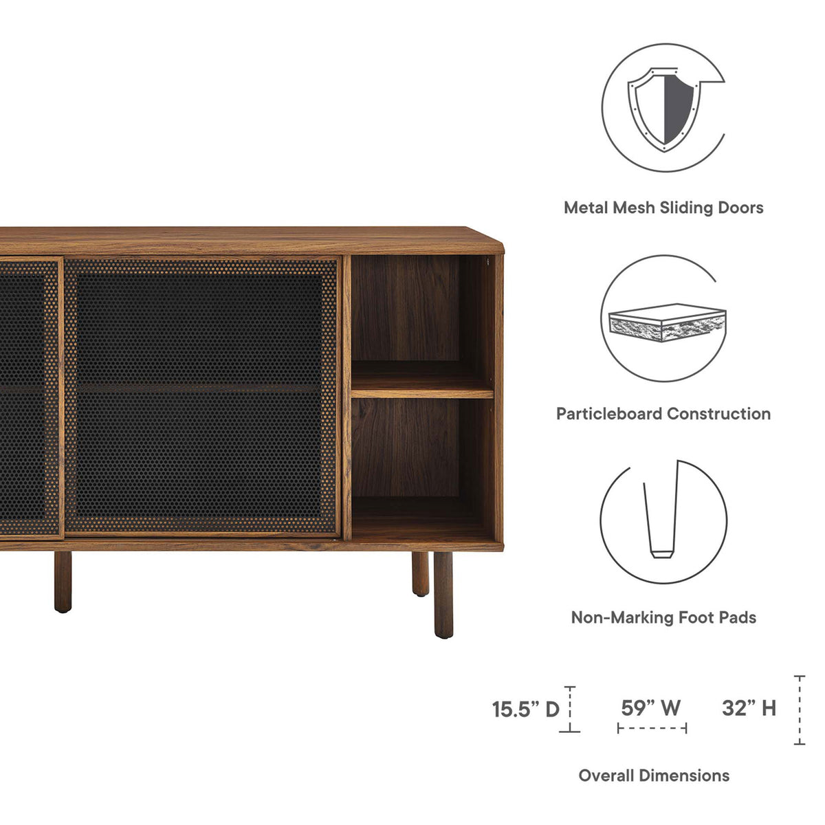 Feature graphic highlighting metal mesh doors, particleboard construction, and non-marking foot pads || EEI-6235-WAL || callout_studio