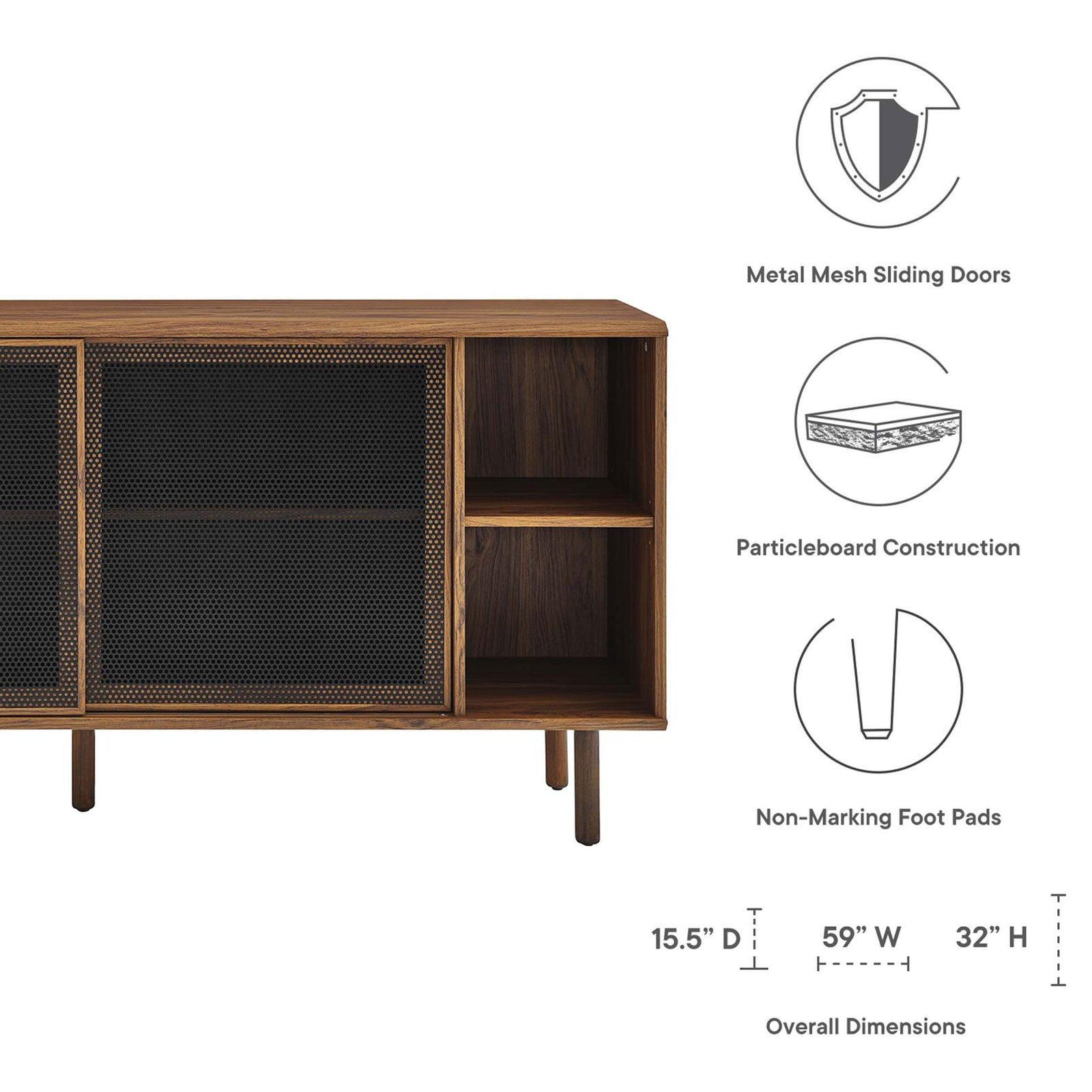 Feature graphic highlighting metal mesh doors, particleboard construction, and non-marking foot pads || EEI-6235-WAL || callout_studio