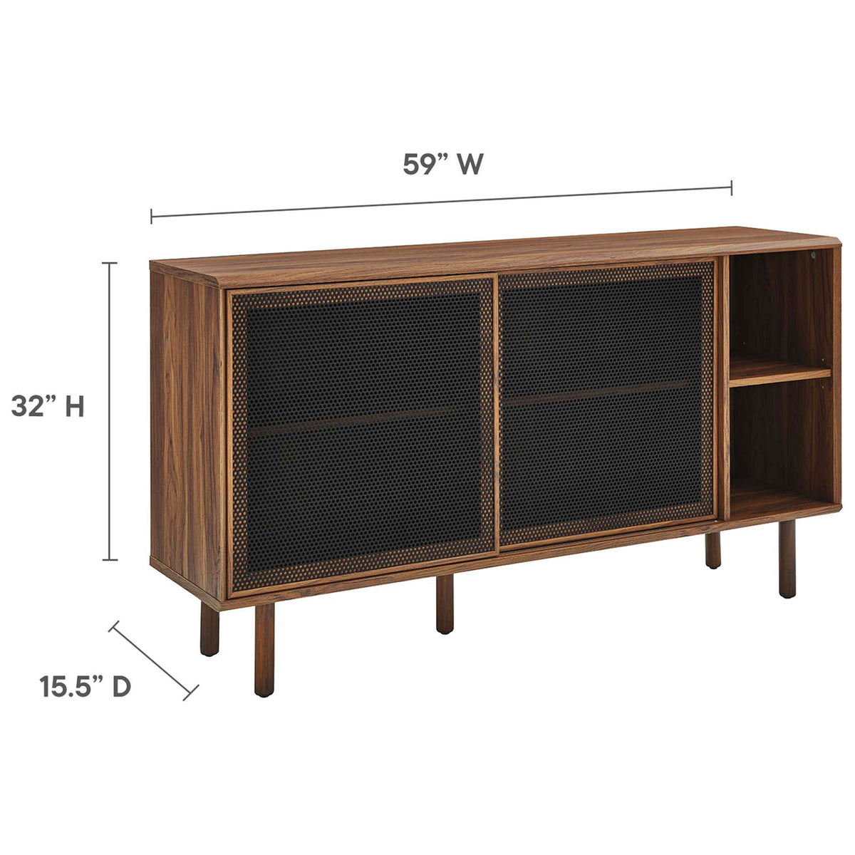 Dimension diagram of walnut sideboard showing overall width, height, and depth measurements || EEI-6235-WAL || dimension_studio