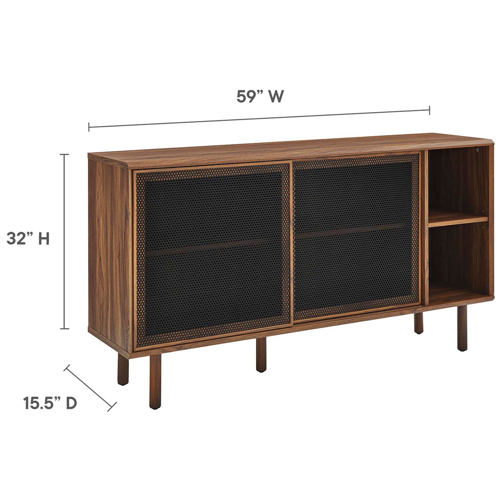 Dimension diagram of walnut sideboard showing overall width, height, and depth measurements || EEI-6235-WAL || dimension_studio