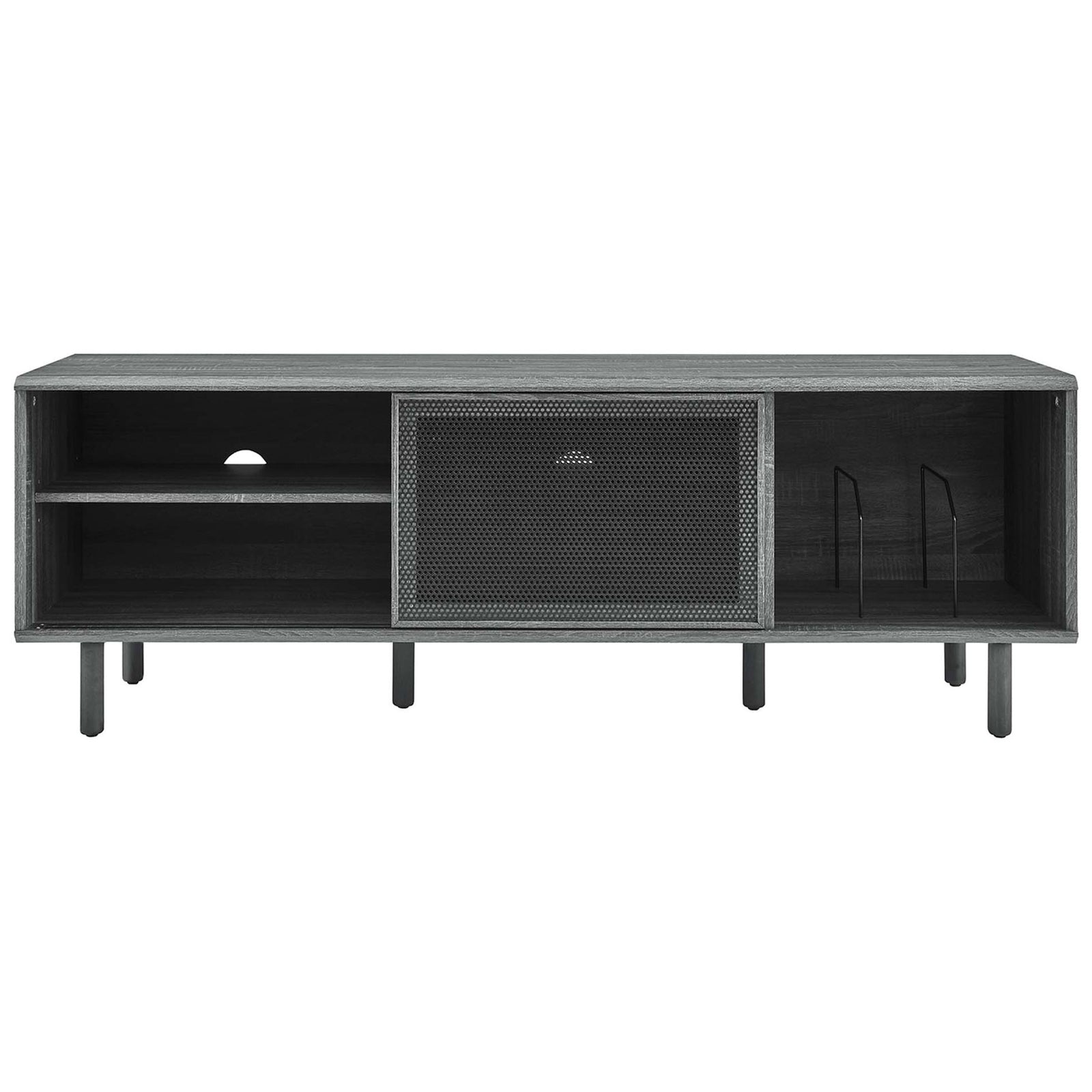 Charcoal TV and record console with mesh door slid to reveal adjustable shelves and rear cable cutout || EEI-6236-CHA || front_studio