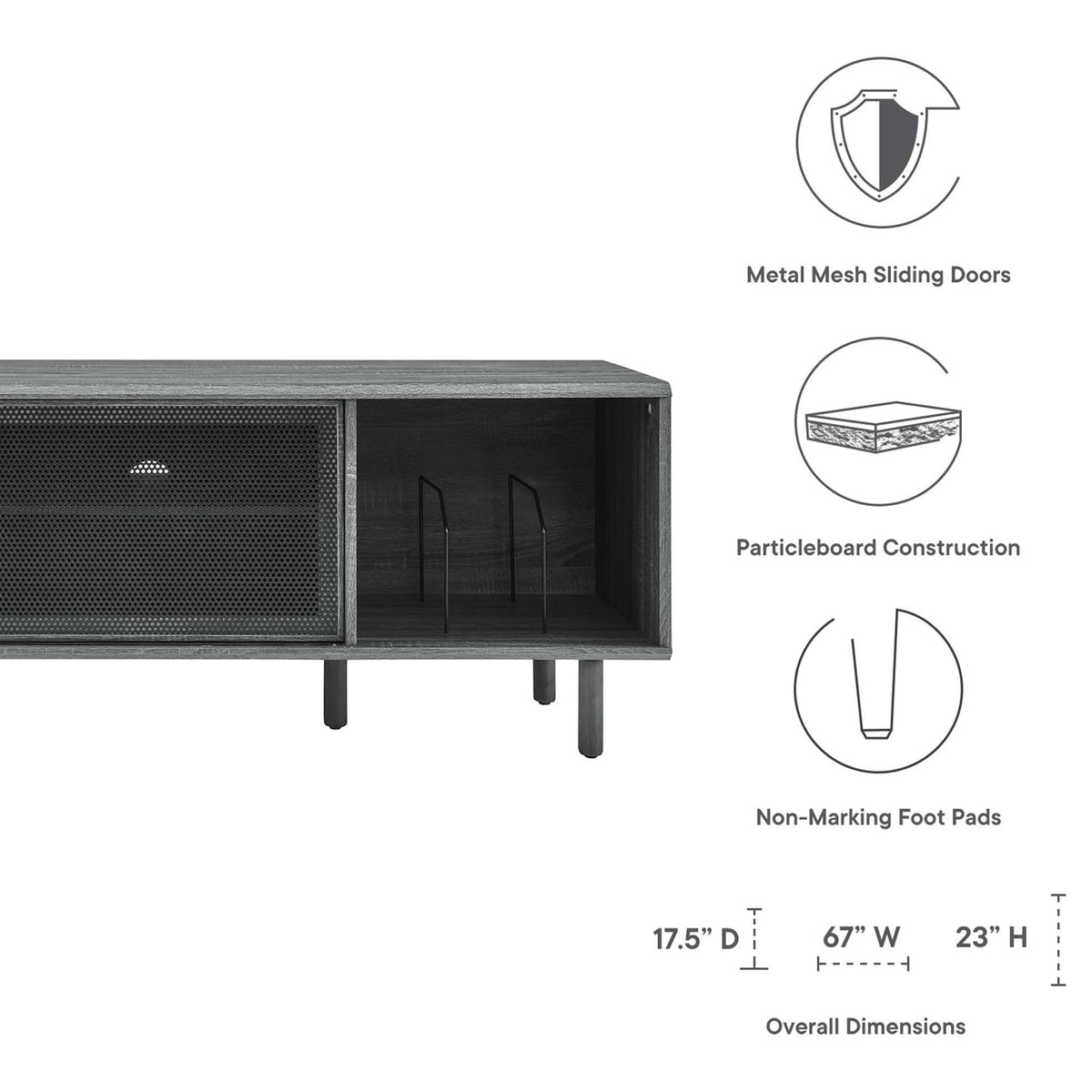 Feature icons highlight mesh doors, vinyl record dividers, particleboard build, and non-marking foot pads || EEI-6236-CHA || callout_studio