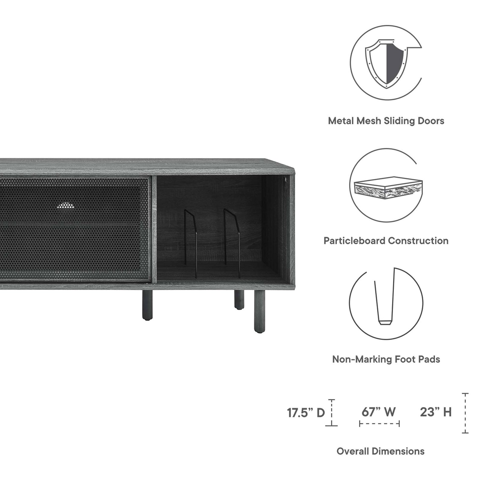 Feature icons highlight mesh doors, vinyl record dividers, particleboard build, and non-marking foot pads || EEI-6236-CHA || callout_studio