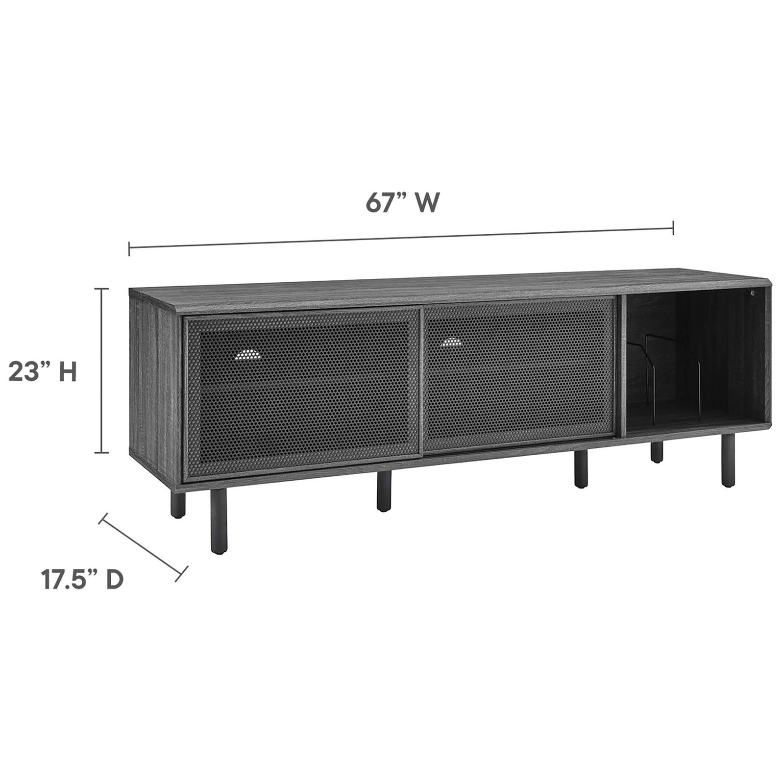 Dimension graphic shows Kurtis 67 in charcoal TV and record stand at 67 in wide, 23 in high, and 17.5 in deep || EEI-6236-CHA || dimension_studio