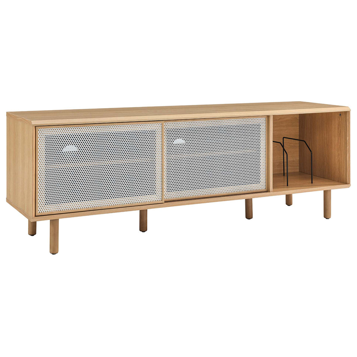 Kurtis 67 in oak TV and record stand with dual white mesh doors and open vinyl display section || EEI-6236-OAK || front_angle_studio