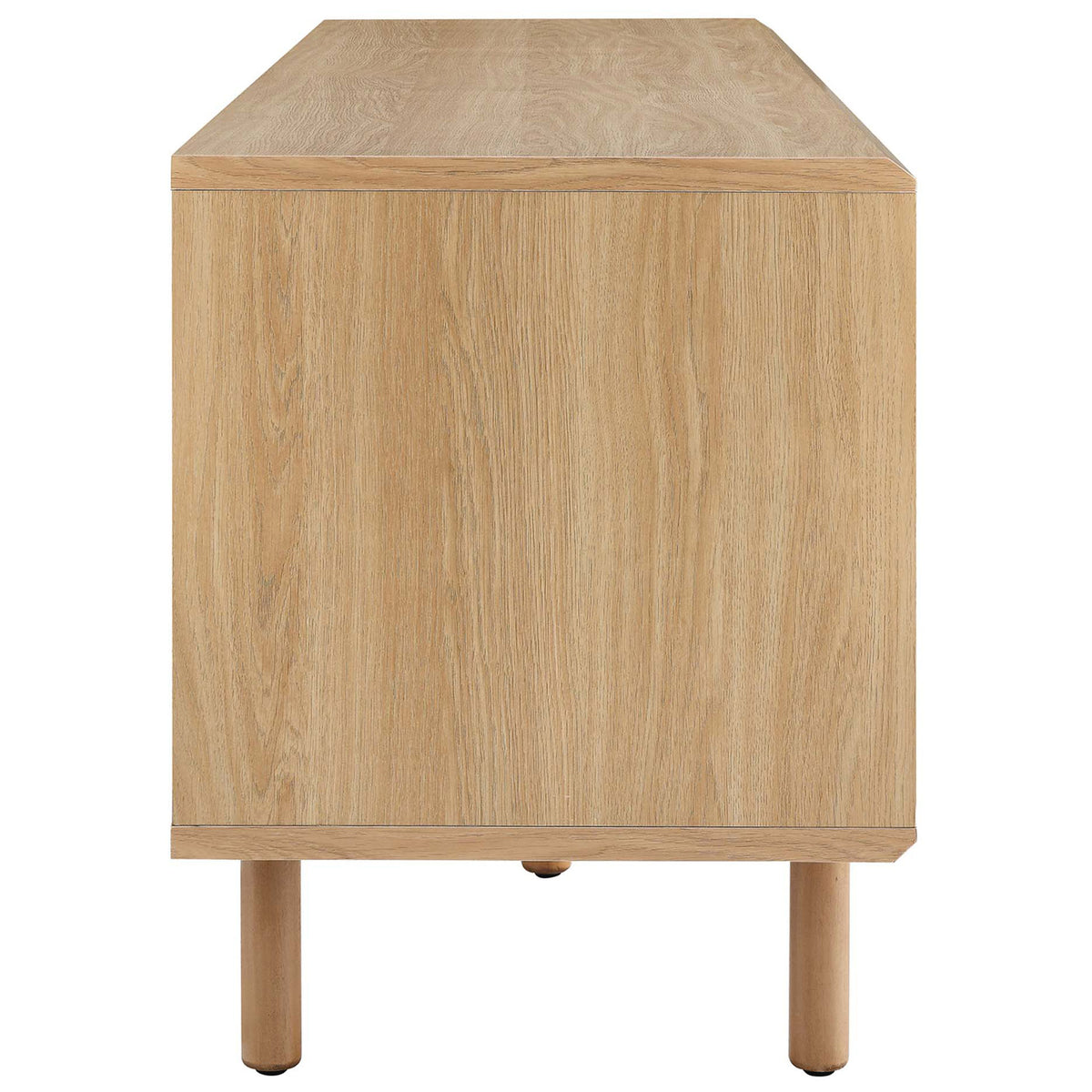 Oak record stand showing smooth side panel and slim round legs for a light, airy look || EEI-6236-OAK || side_studio