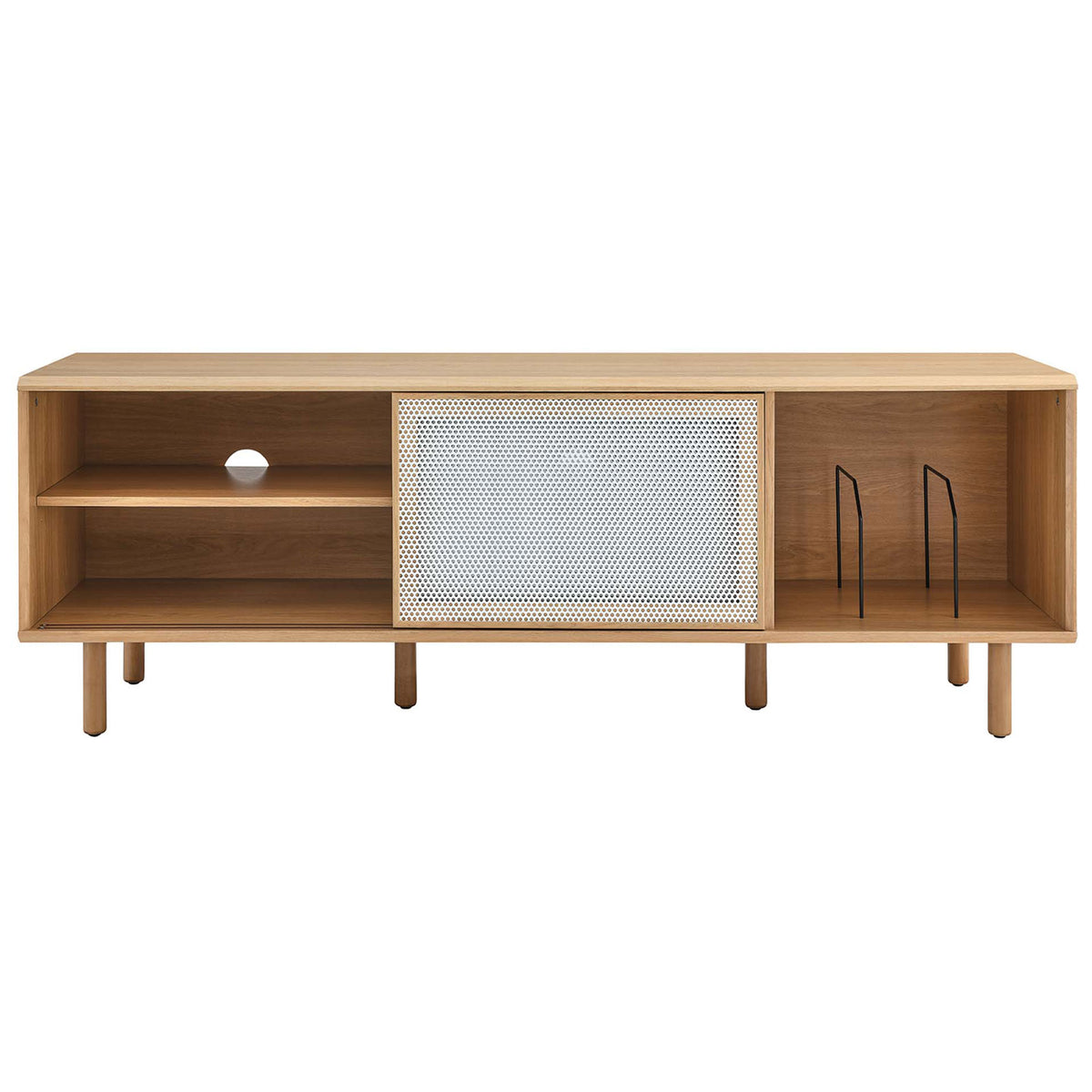 Oak TV and record console with mesh door slid to reveal adjustable shelves and rear cable cutout || EEI-6236-OAK || front_studio