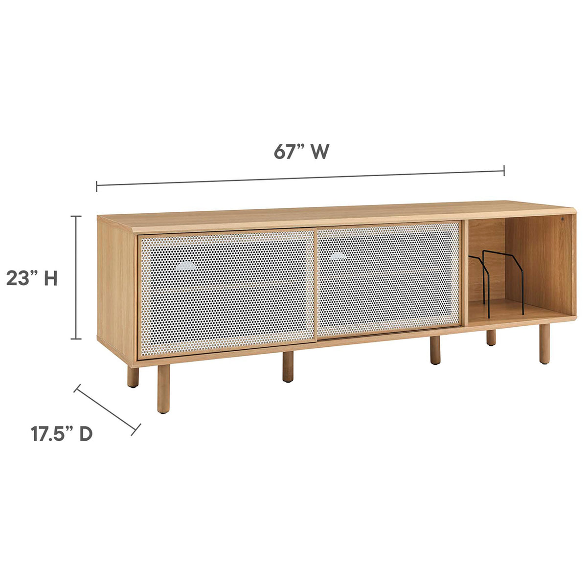 Dimension graphic shows Kurtis 67 in oak TV and record stand at 67 in wide, 23 in high, and 17.5 in deep || EEI-6236-OAK || dimension_studio