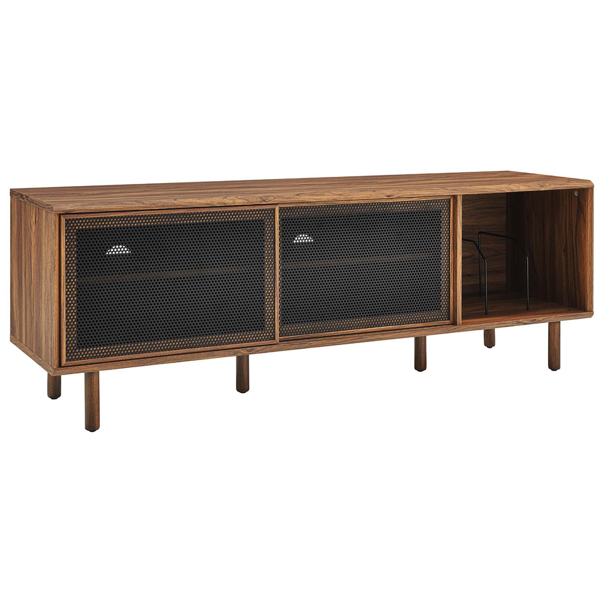 Kurtis 67 in walnut TV and record stand with dual dark mesh doors and open vinyl display section || EEI-6236-WAL || front_angle_studio