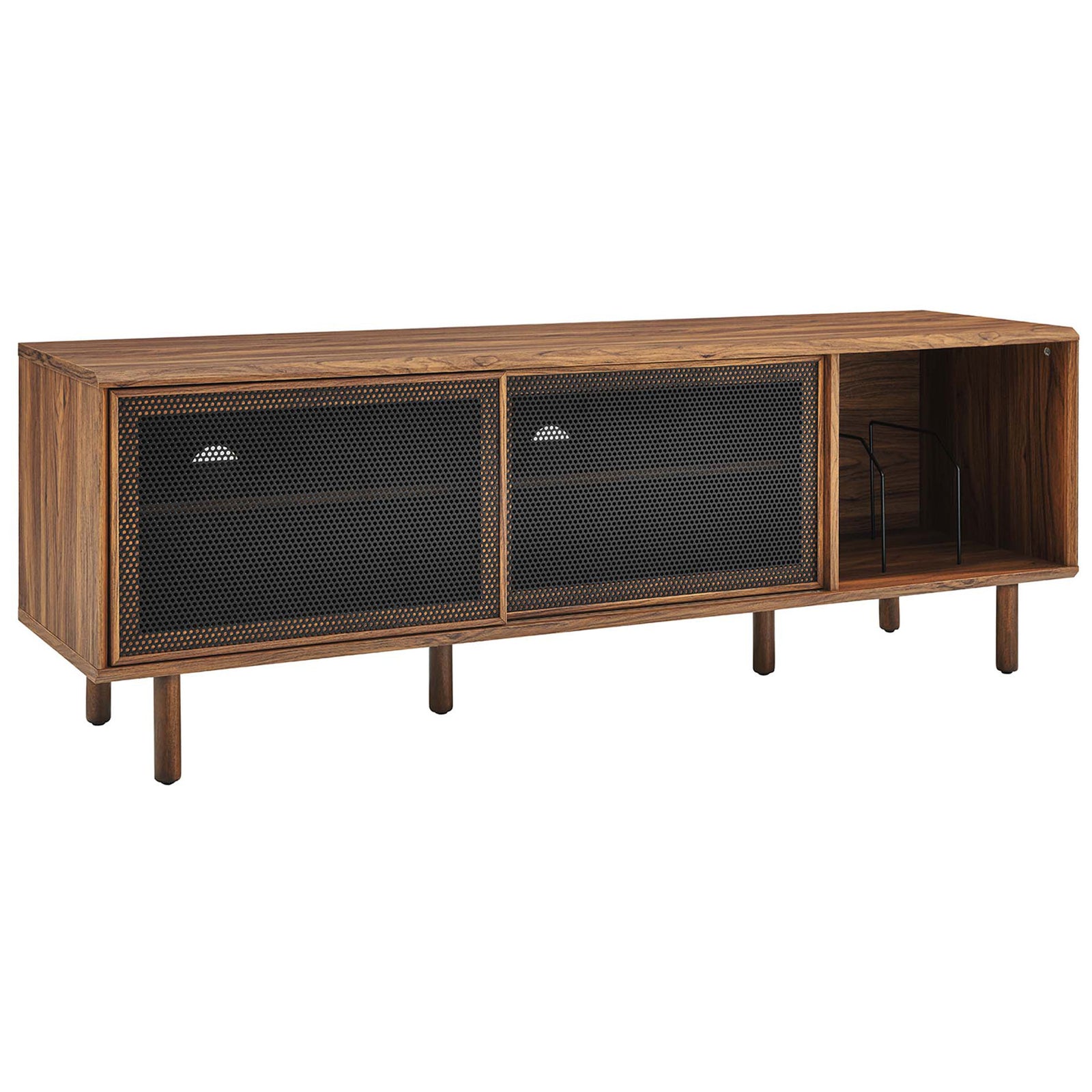 Kurtis 67 in walnut TV and record stand with dual dark mesh doors and open vinyl display section || EEI-6236-WAL || front_angle_studio
