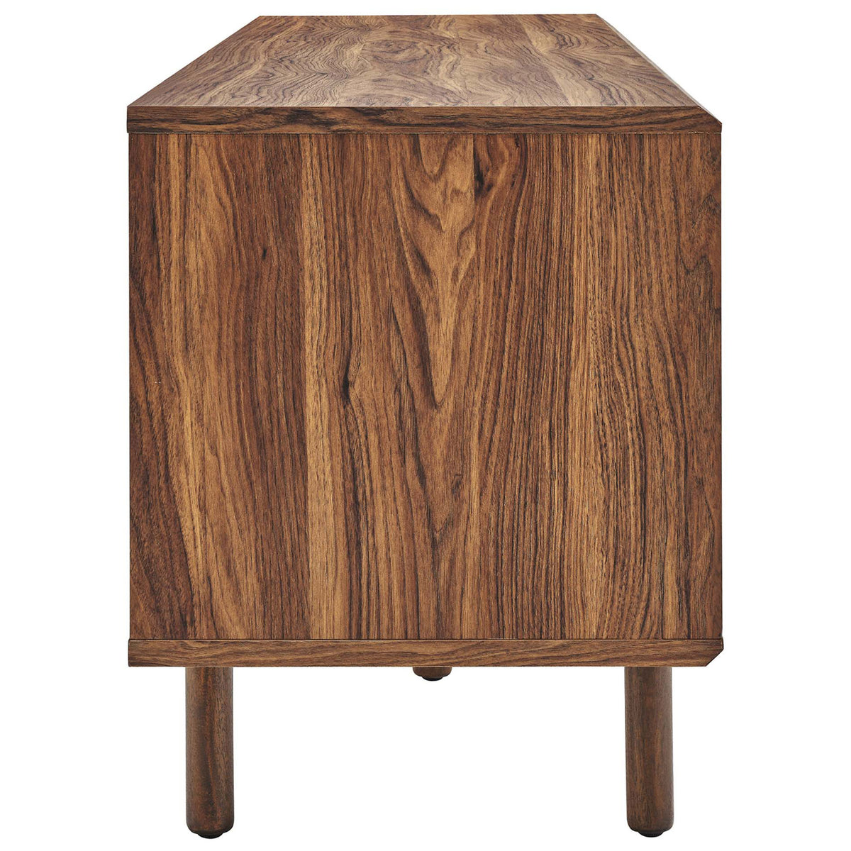 Walnut record stand showing smooth side panel and slim round legs for a warm, modern profile || EEI-6236-WAL || side_studio