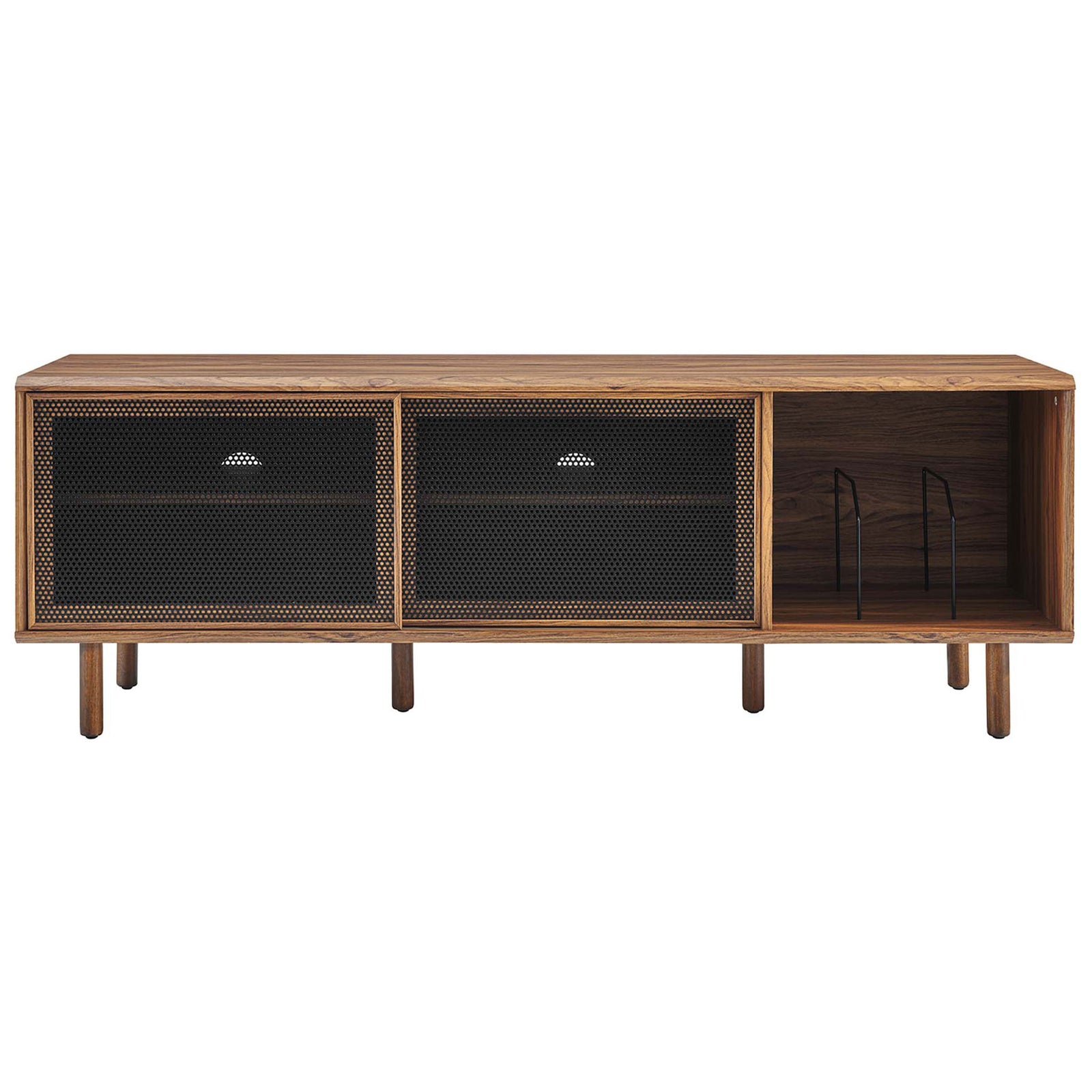 Walnut 67 in media stand with two dark mesh doors concealing shelving and vinyl record storage || EEI-6236-WAL || front_studio