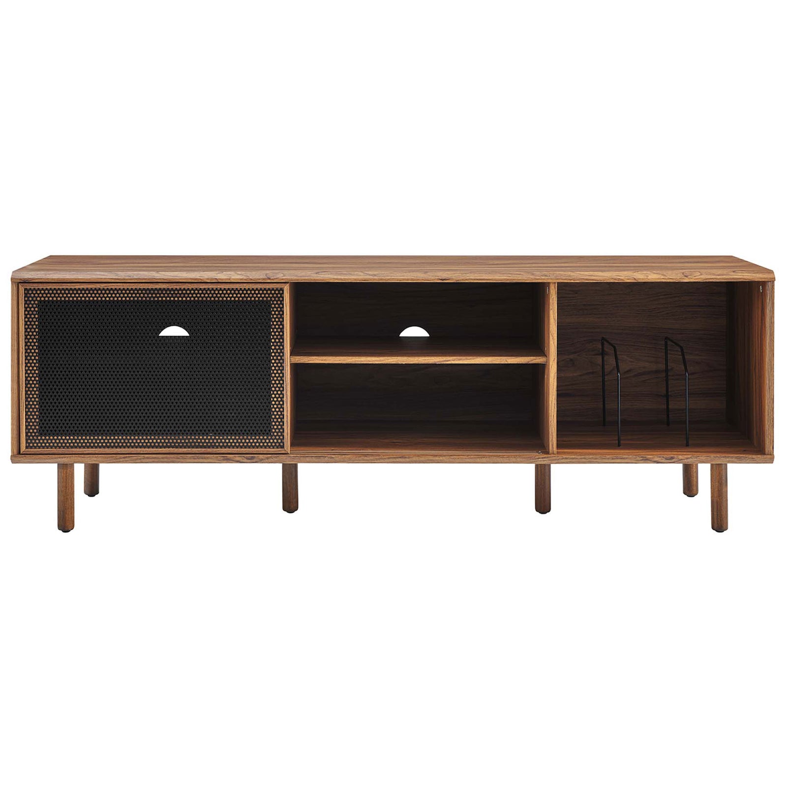 Walnut console with mesh door positioned left, showcasing open center shelf and vinyl dividers on the right || EEI-6236-WAL || front_studio