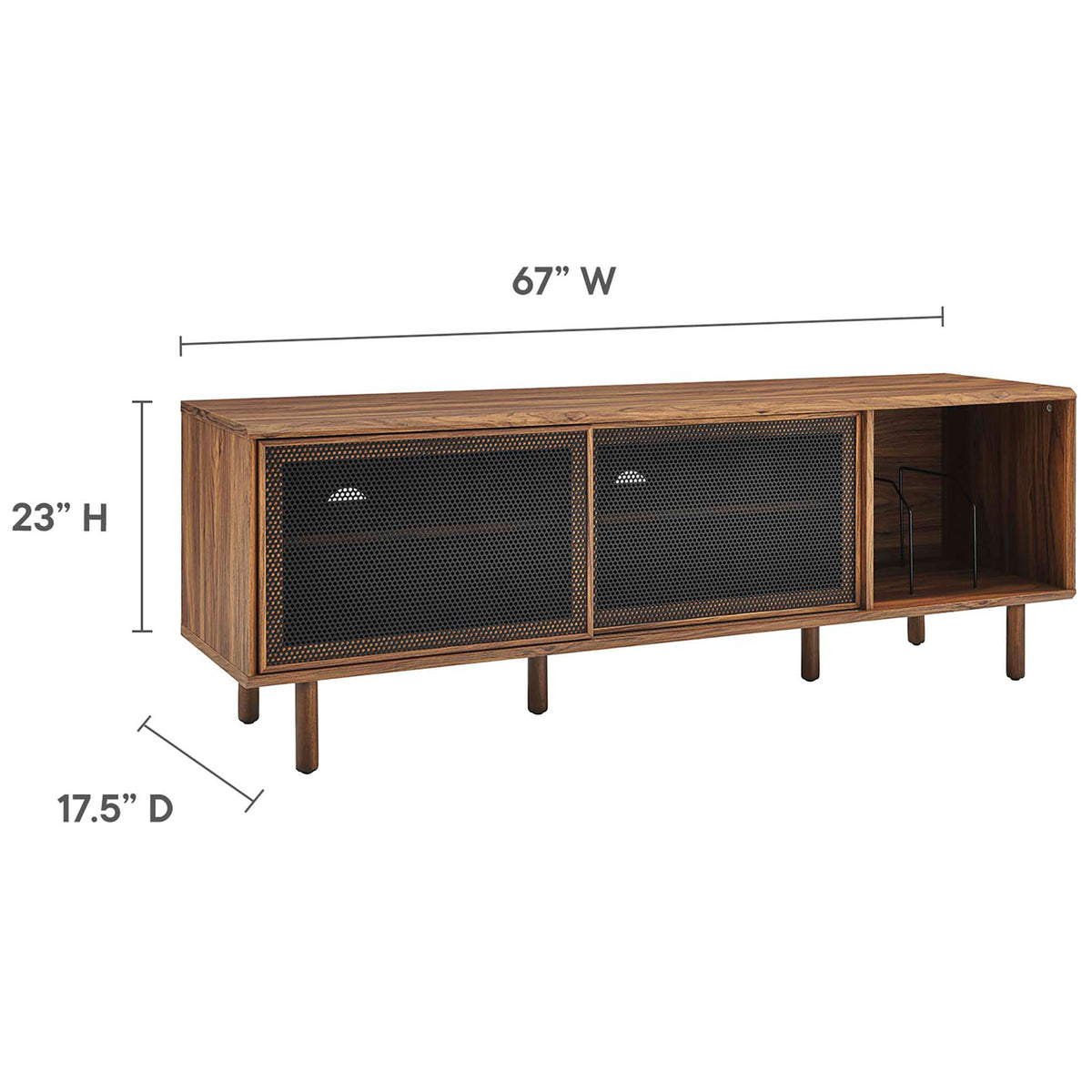 Dimension graphic shows Kurtis 67 in walnut TV and record stand at 67 in wide, 23 in high, and 17.5 in deep || EEI-6236-WAL || dimension_studio