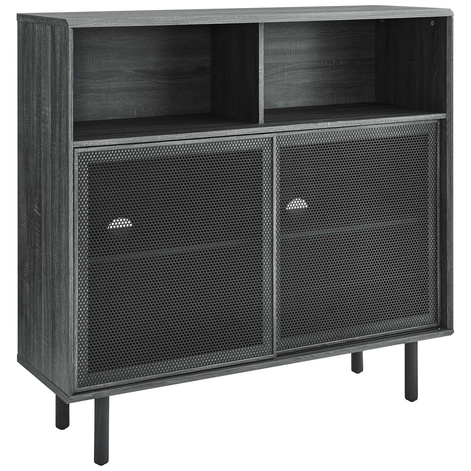 Industrial charcoal sideboard with slim wood legs and perforated mesh doors for airy, urban-inspired storage. || EEI-6237-CHA || front_angle_studio
