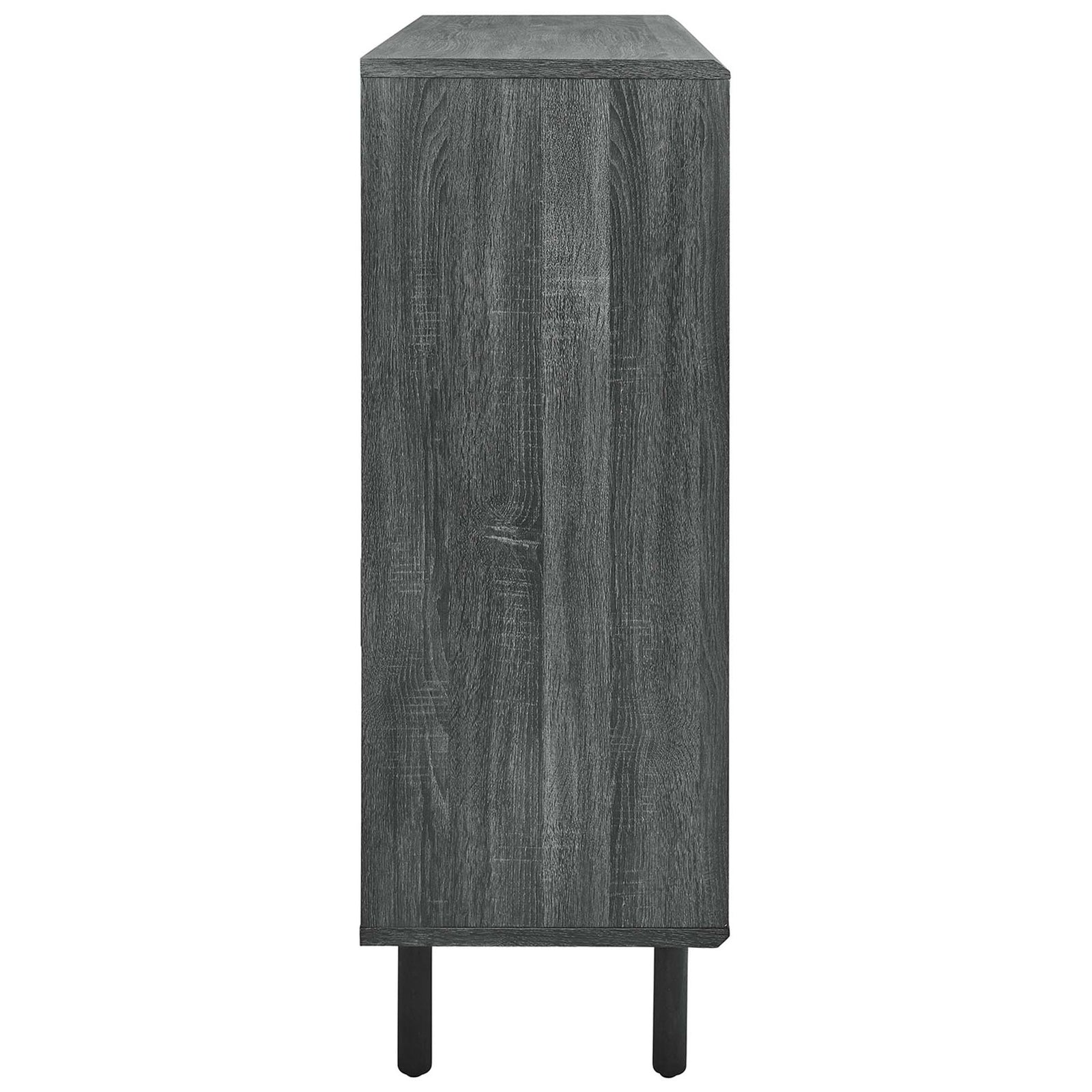 Charcoal cabinet side profile shows rich wood grain texture and elevated legs that keep floors feeling open. || EEI-6237-CHA || side_studio