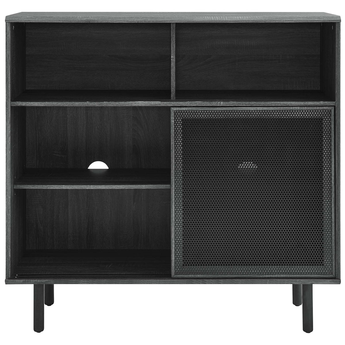 Charcoal cabinet shows mesh door slid open to reveal spacious adjustable shelving for media or serveware. || EEI-6237-CHA || front_open_studio