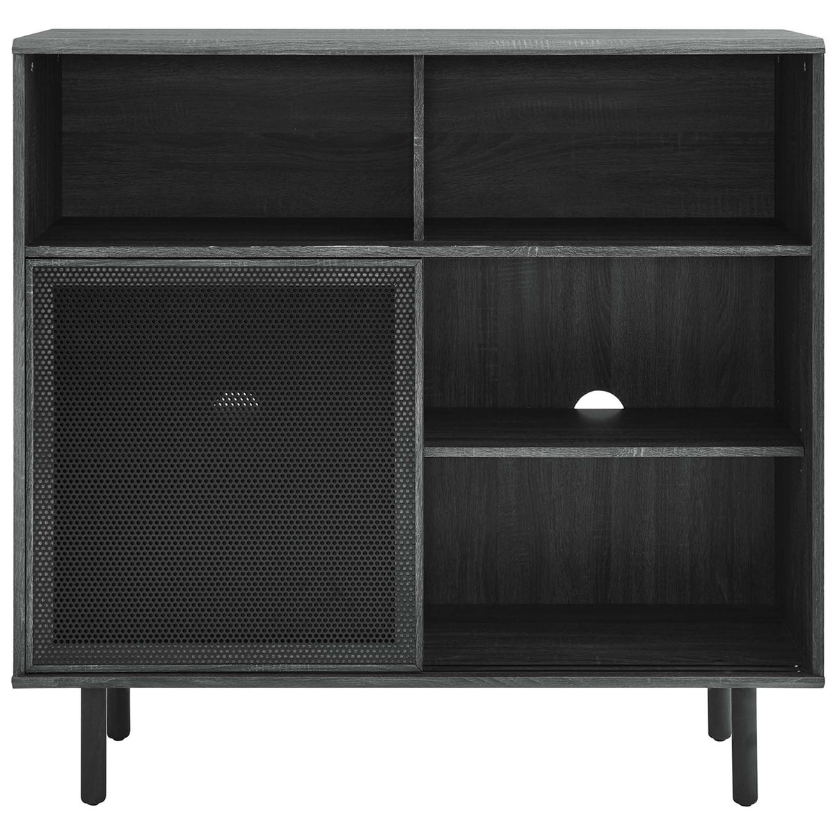 Sliding mesh door exposes the opposite storage bay, highlighting cable cutout and deep shelves for organization. || EEI-6237-CHA || front_open_studio