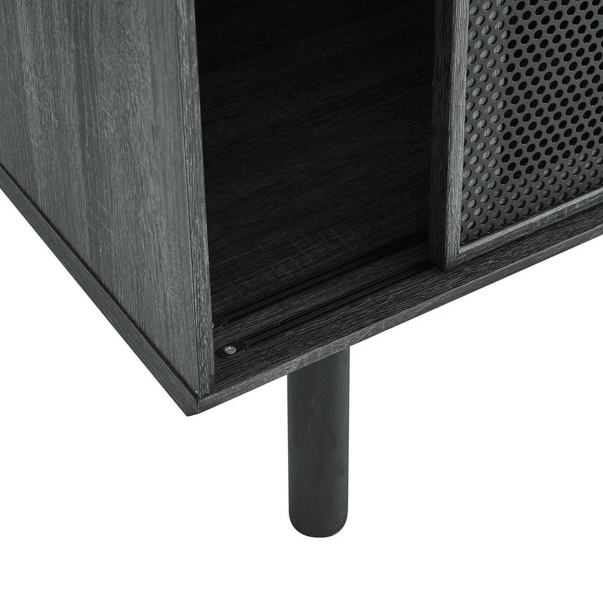 Round wooden leg and smooth track detail emphasize the cabinet's sturdy base and quality sliding mechanism. || EEI-6237-CHA || leg_studio