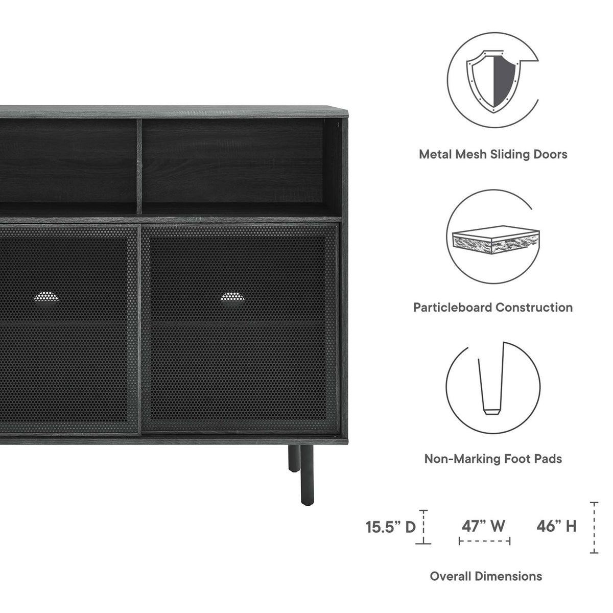 Feature graphic highlights metal mesh sliding doors, particleboard construction, and protective non-marking foot pads. || EEI-6237-CHA || callout_studio