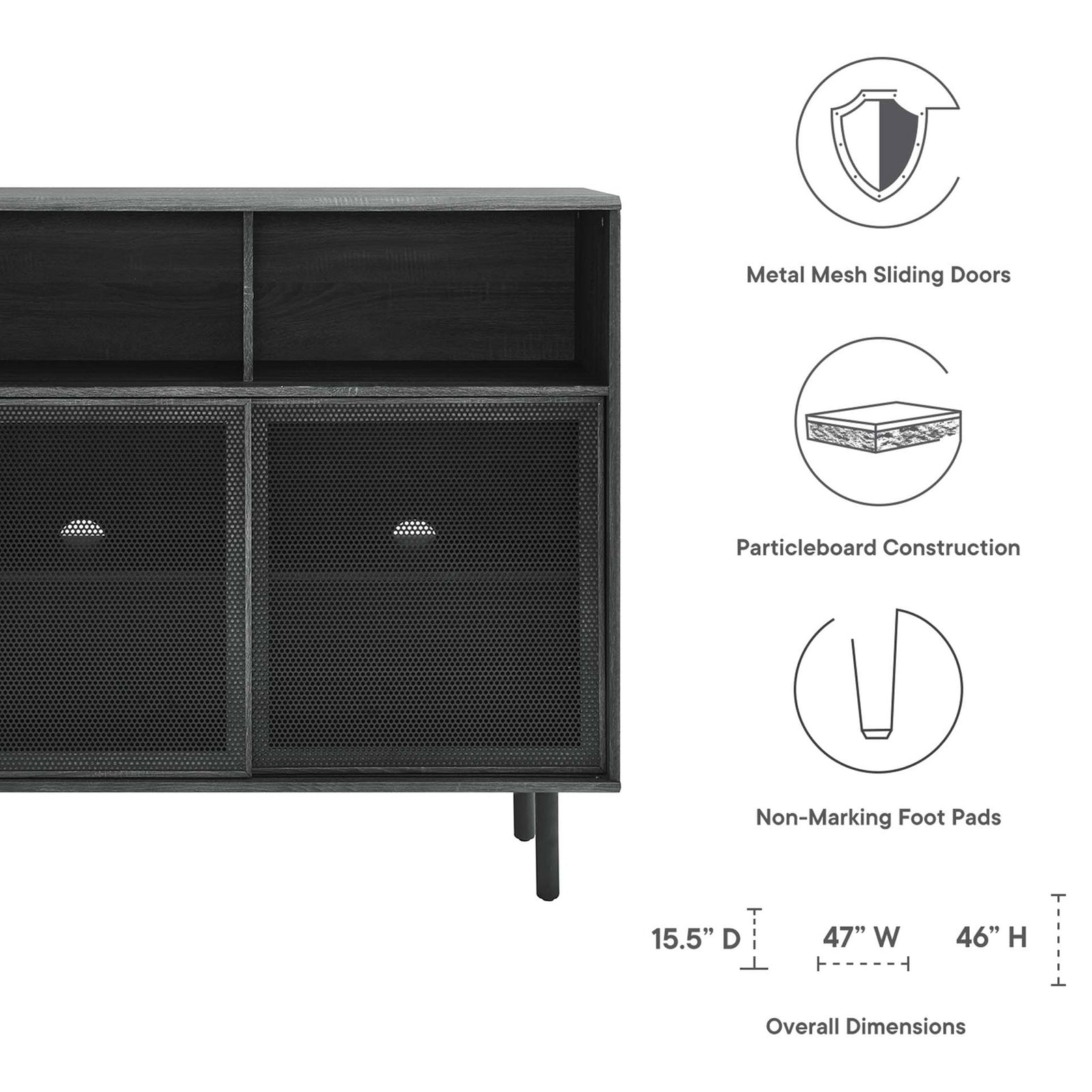 Feature graphic highlights metal mesh sliding doors, particleboard construction, and protective non-marking foot pads. || EEI-6237-CHA || callout_studio