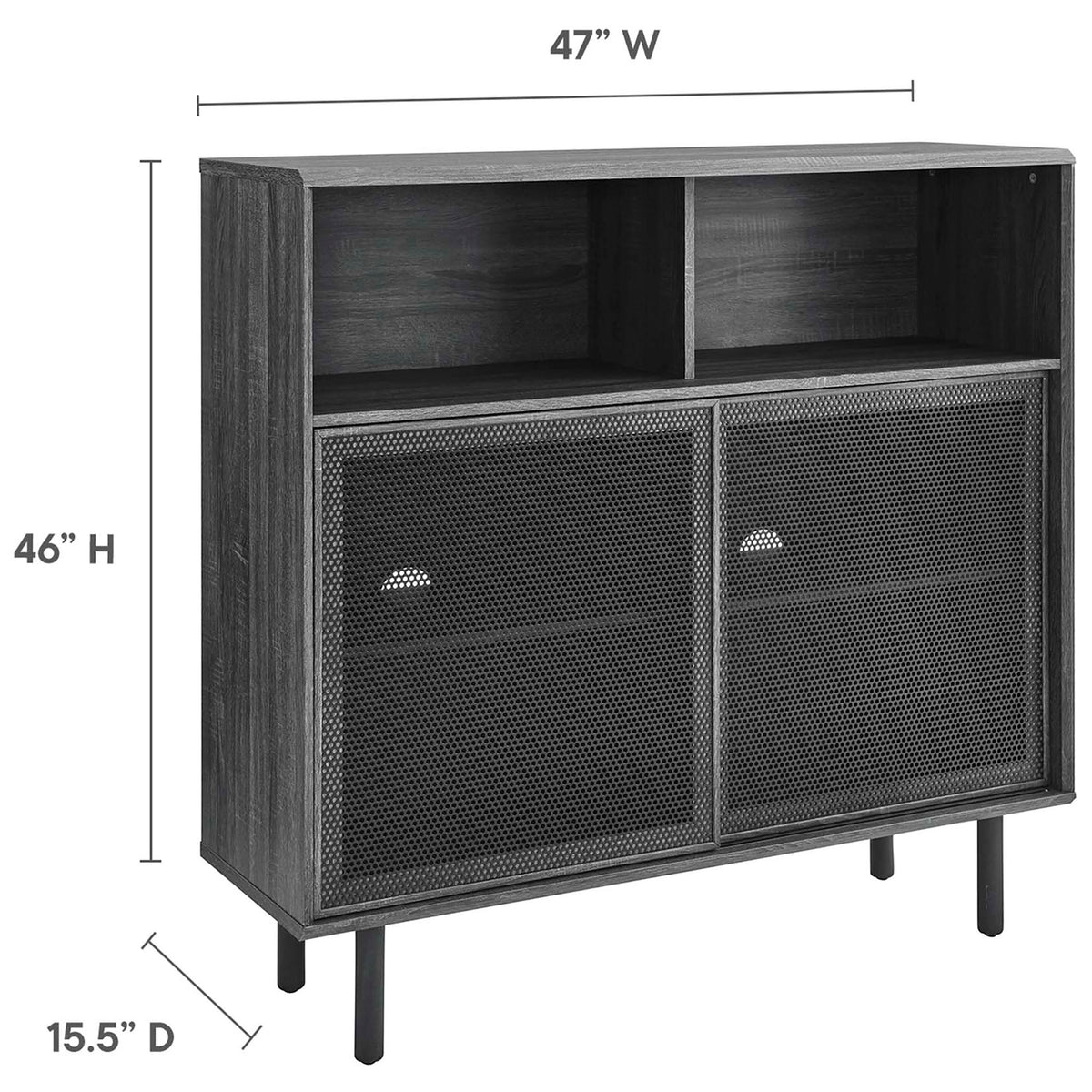 Dimension view displays Kurtis cabinet height, width, and depth to help plan placement in your living space. || EEI-6237-CHA || dimension_studio