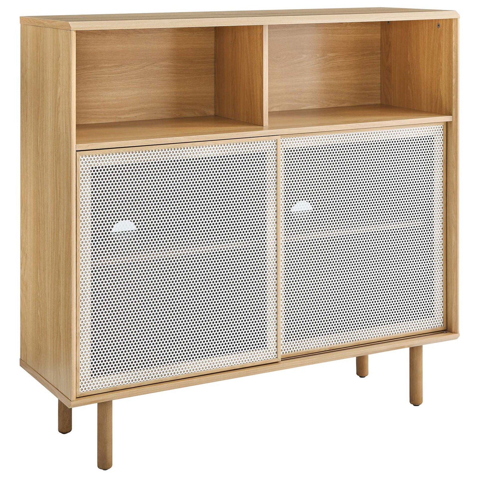 Warm oak sideboard pairs slim round legs with perforated white doors for a fresh, Scandinavian-inspired look. || EEI-6237-OAK || front_angle_studio