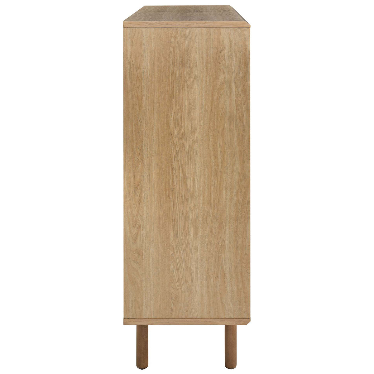 Oak cabinet side view showcases the linear wood grain and raised base that keeps the silhouette feeling light. || EEI-6237-OAK || side_studio