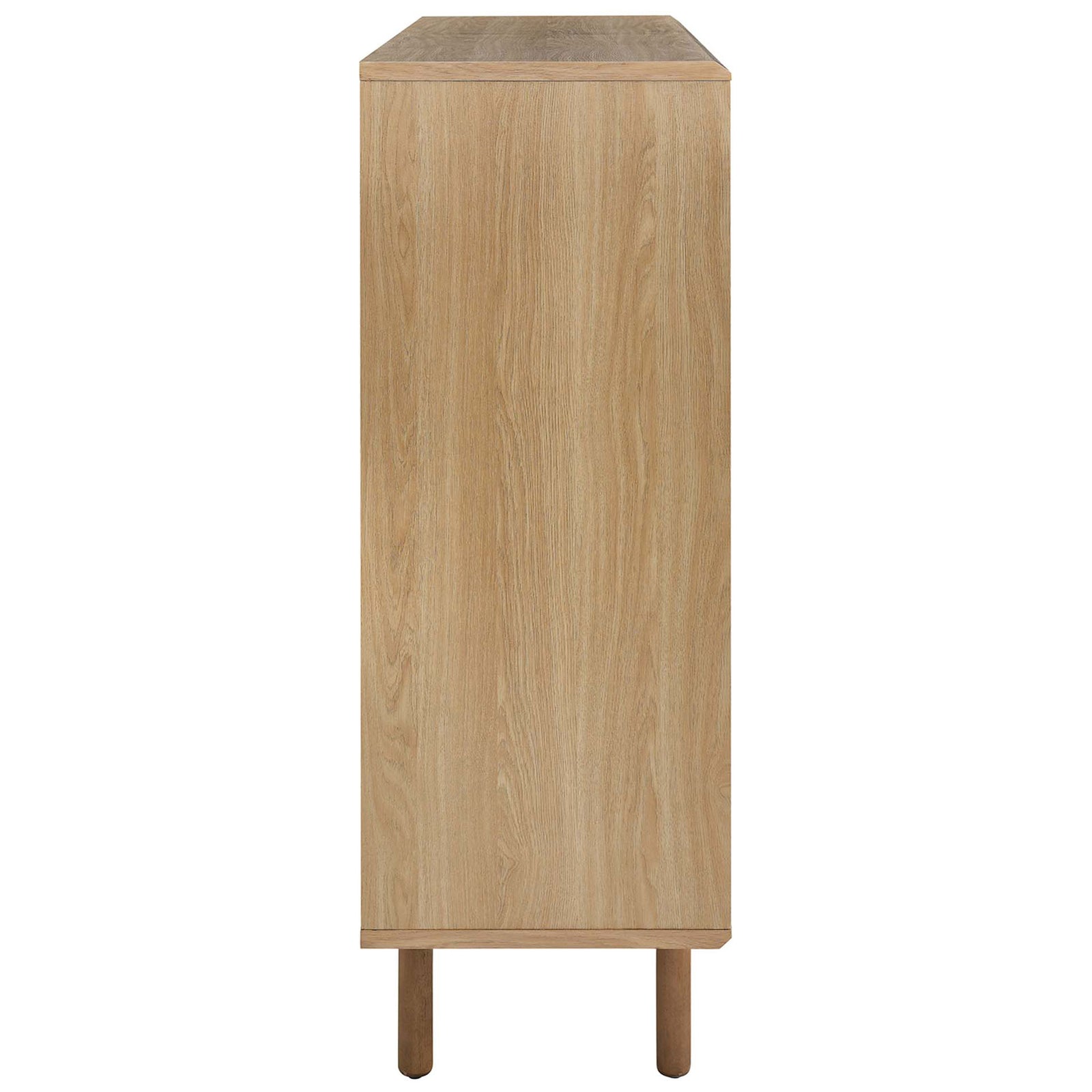 Oak cabinet side view showcases the linear wood grain and raised base that keeps the silhouette feeling light. || EEI-6237-OAK || side_studio
