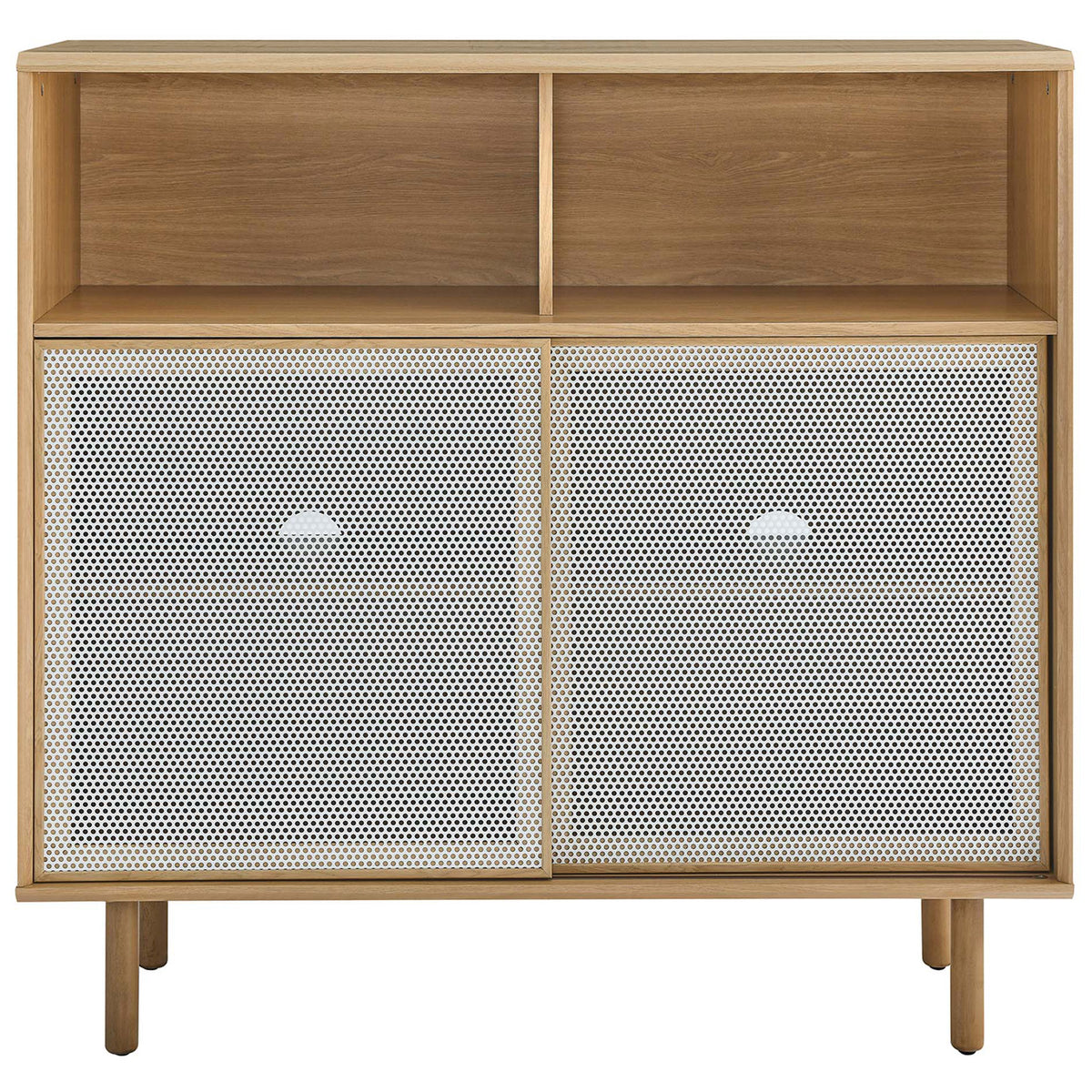 Oak display cabinet with white metal mesh doors and open cubbies for a bright, clean take on industrial storage. || EEI-6237-OAK || front_studio