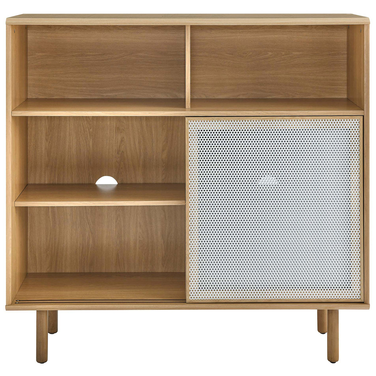 Oak cabinet shows one white mesh door open, revealing generous shelving space for media, linens, or barware. || EEI-6237-OAK || front_open_studio