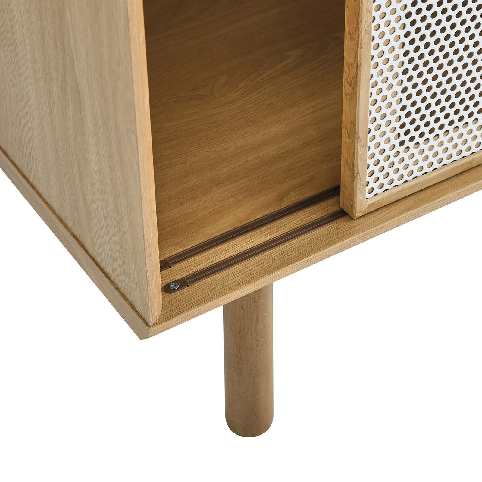 Sturdy round oak leg and smooth door track underscore durable construction and easy-gliding mesh panels. || EEI-6237-OAK || leg_studio