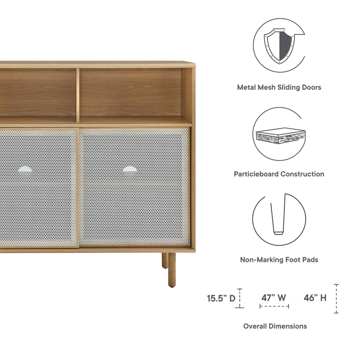 Feature icons call out metal mesh doors, particleboard construction, and non-marking pads on the Kurtis oak cabinet. || EEI-6237-OAK || callout_studio
