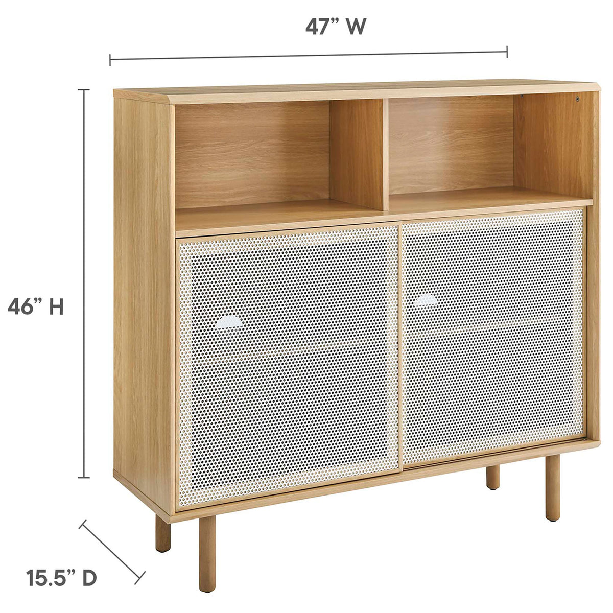 Dimension graphic details the Kurtis oak cabinet height, width, and depth to simplify room and TV placement. || EEI-6237-OAK || dimension_studio