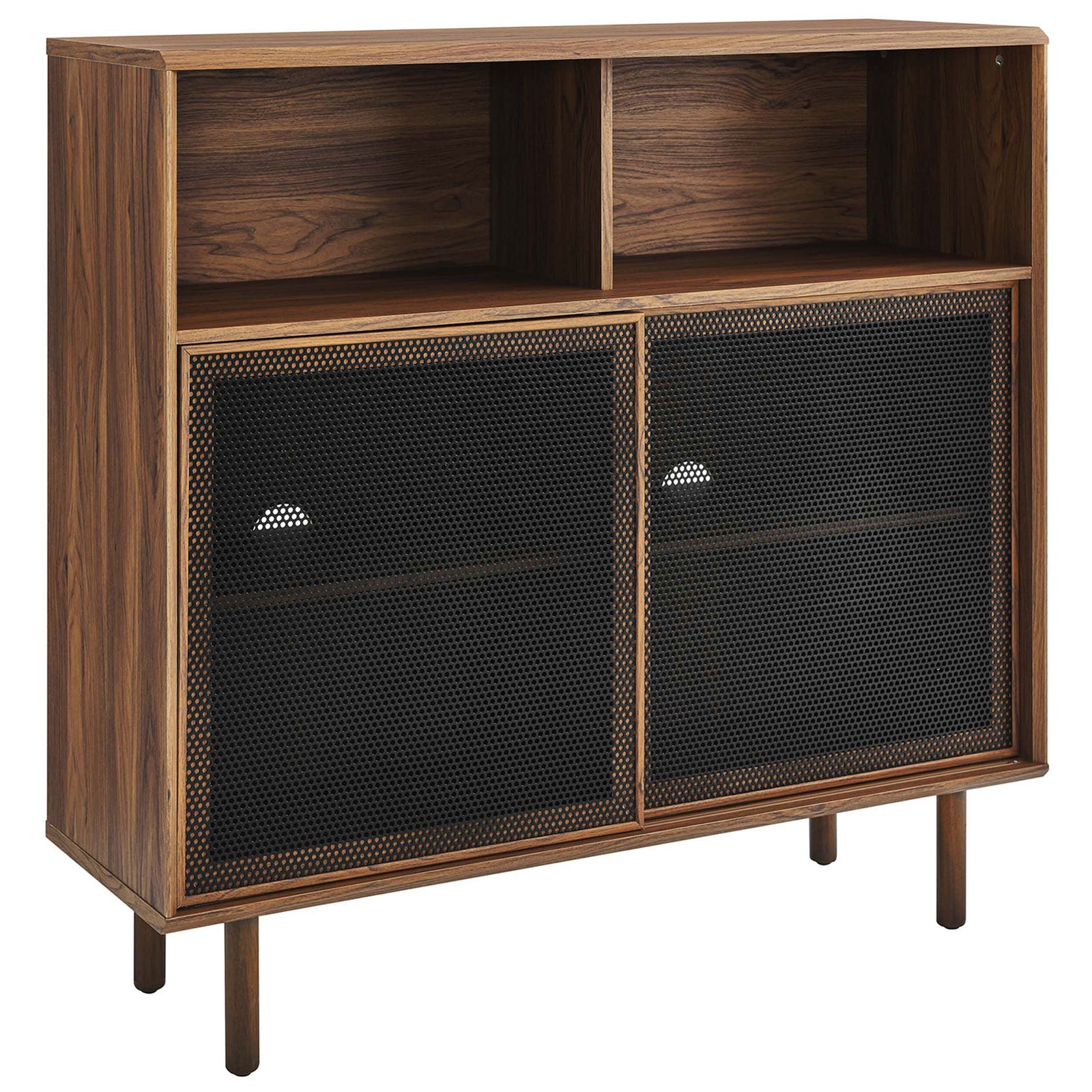 Rich walnut sideboard features slender legs and perforated black doors that balance openness with privacy. || EEI-6237-WAL || front_angle_studio