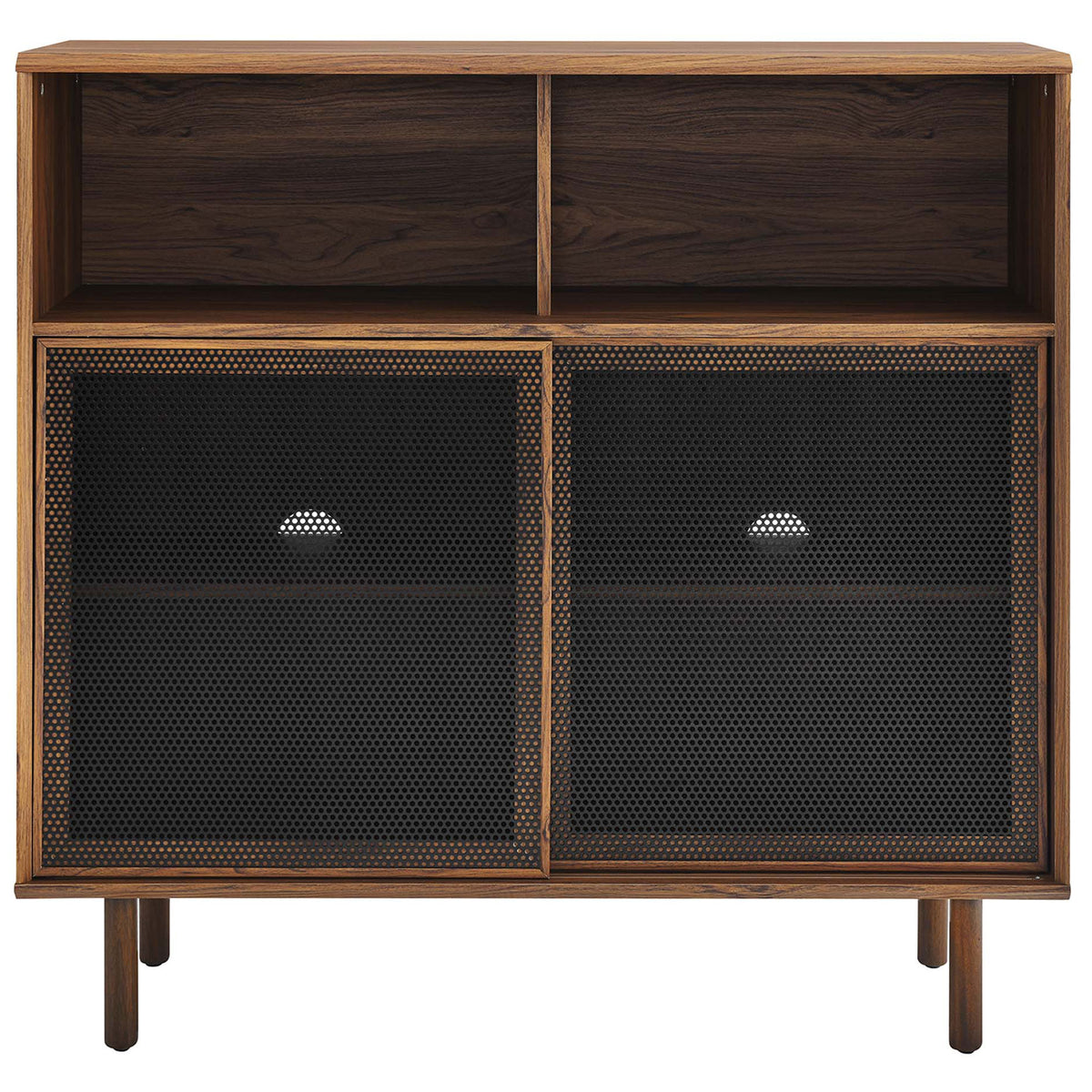 Walnut display cabinet with black metal mesh doors and open upper cubbies for warm, industrial-inspired storage. || EEI-6237-WAL || front_studio