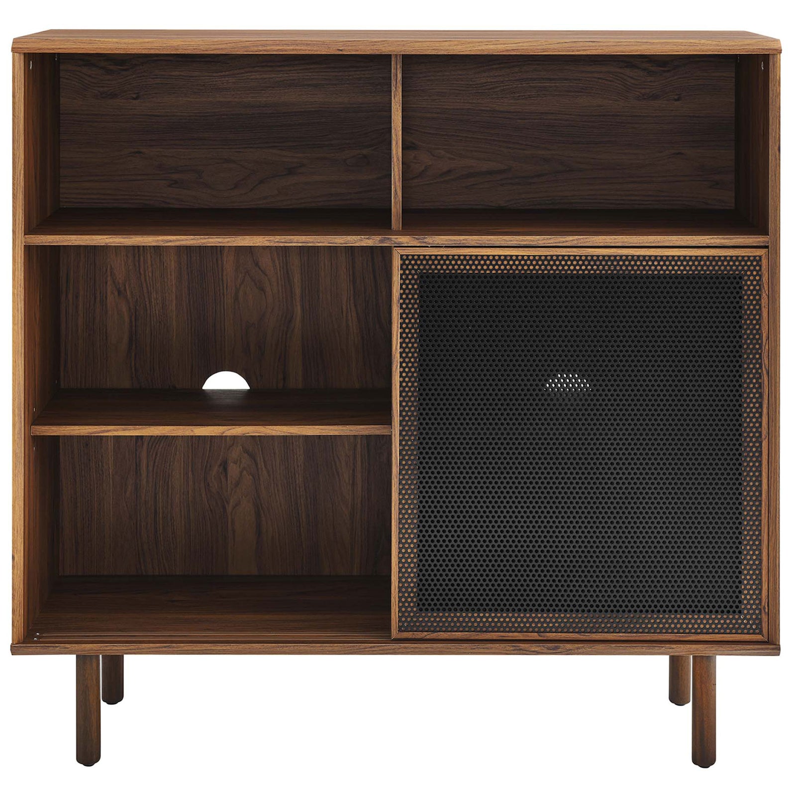 Walnut cabinet with mesh door open reveals generous shelving for electronics, barware, or decorative accents. || EEI-6237-WAL || front_open_studio