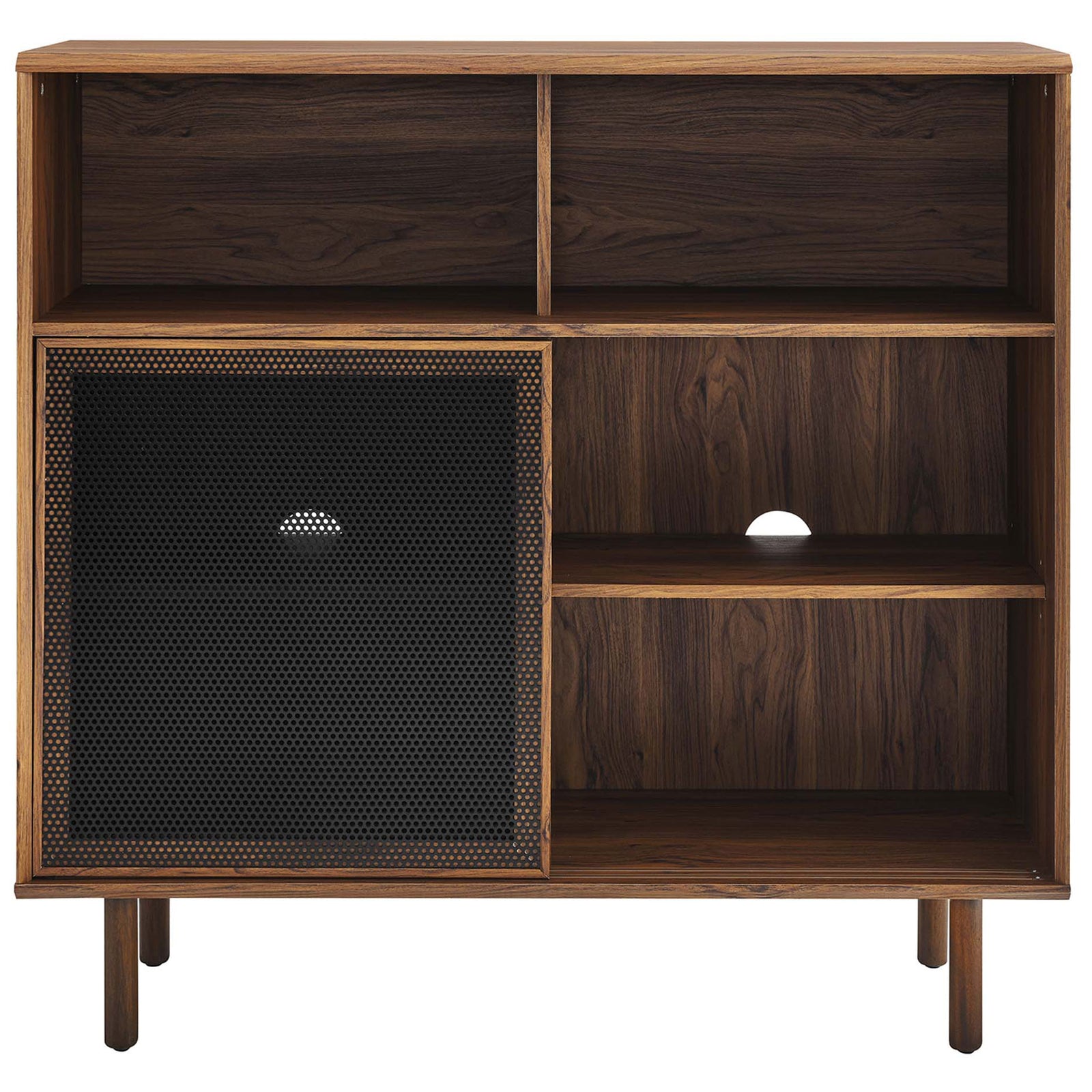 Opposite walnut storage bay is revealed as the mesh panel glides aside, showing deep, versatile shelving. || EEI-6237-WAL || front_open_studio