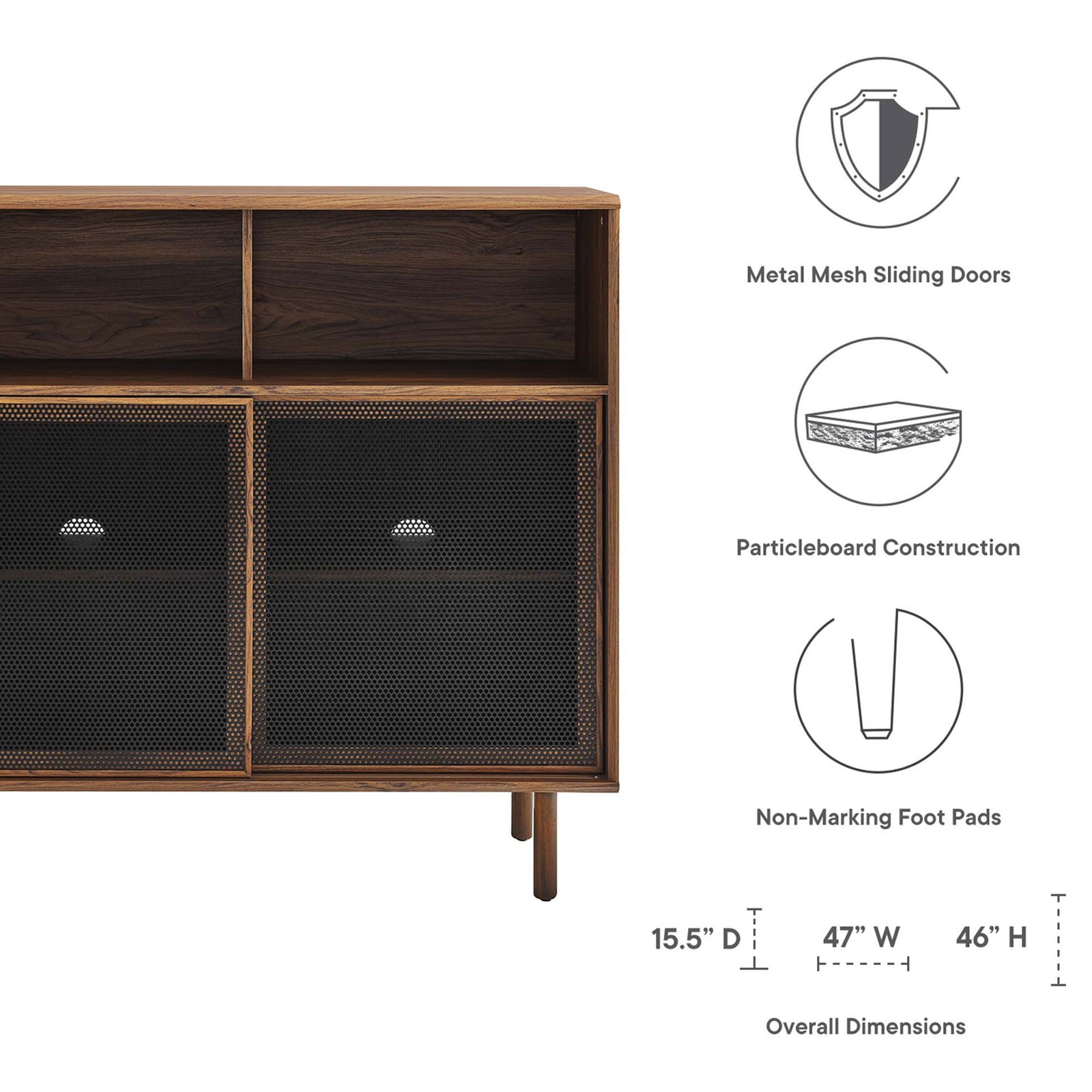 Feature layout spotlights mesh sliding doors, particleboard build, and non-marking foot pads on the walnut cabinet. || EEI-6237-WAL || callout_studio