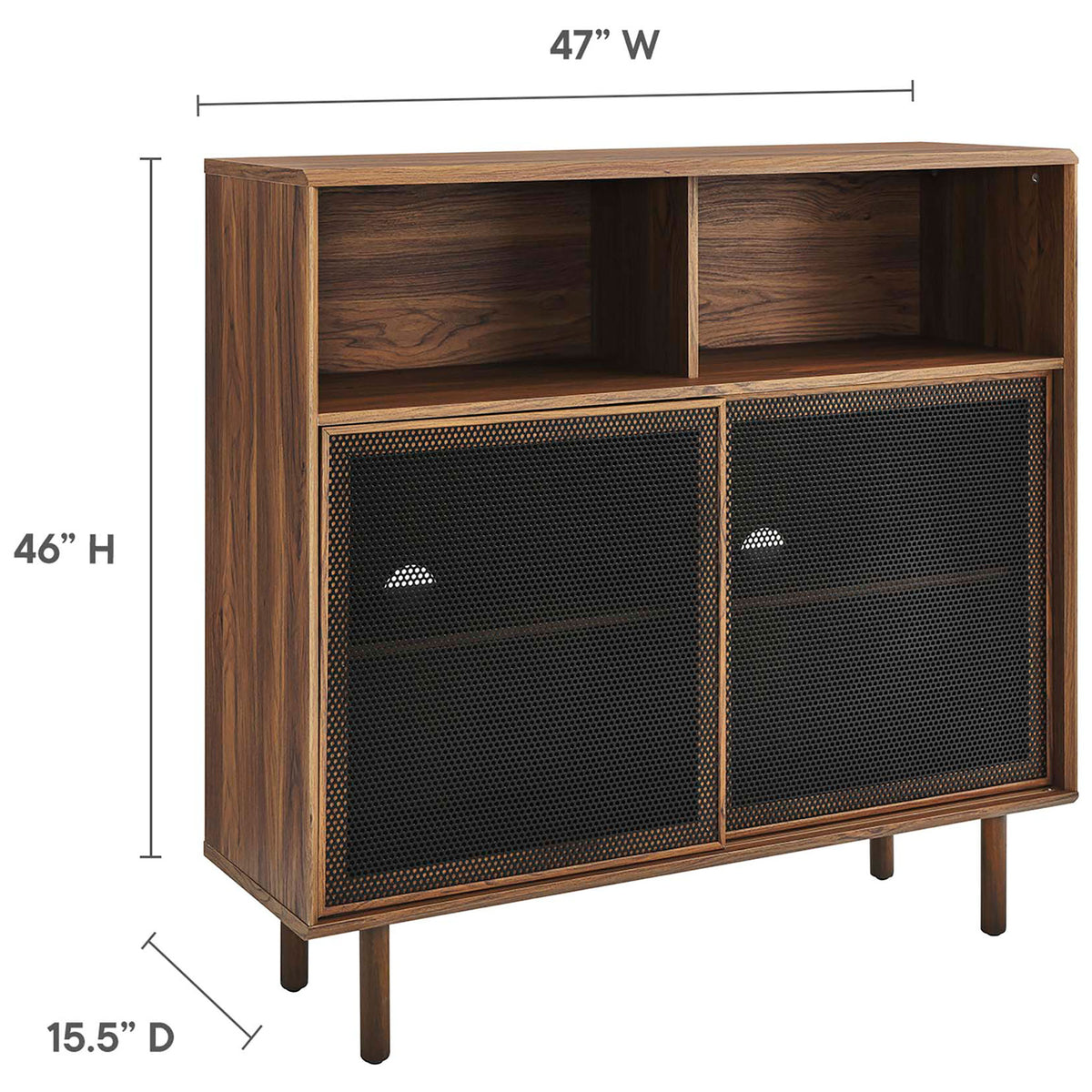 Dimension graphic shows the Kurtis walnut cabinet measurements to assist with layout and TV compatibility. || EEI-6237-WAL || dimension_studio