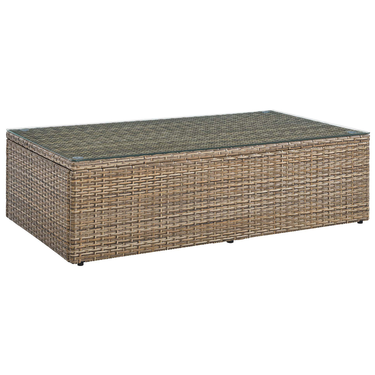 Low-profile brown wicker outdoor coffee table with sleek tempered glass top for modern patios || EEI-6239 || front_angle_studio