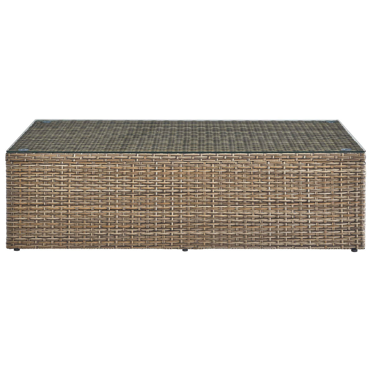 Rectangular brown rattan coffee table with clean lines and full-coverage woven base || EEI-6239 || front_studio