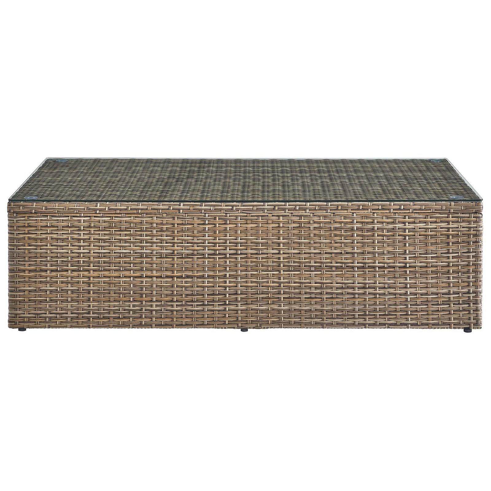 Rectangular brown rattan coffee table with clean lines and full-coverage woven base || EEI-6239 || front_studio