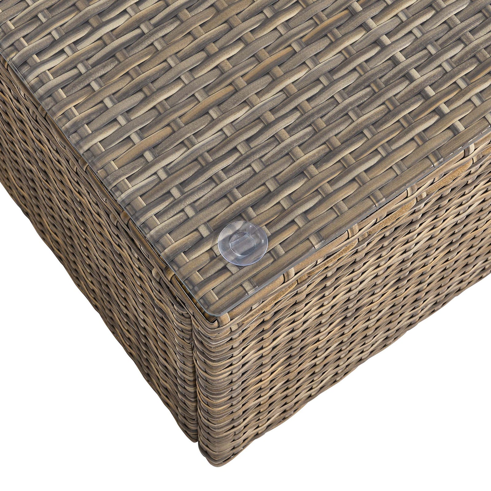 Close-up of tempered glass top and clear bumpers over tightly woven all-weather rattan || EEI-6239 || detail_studio