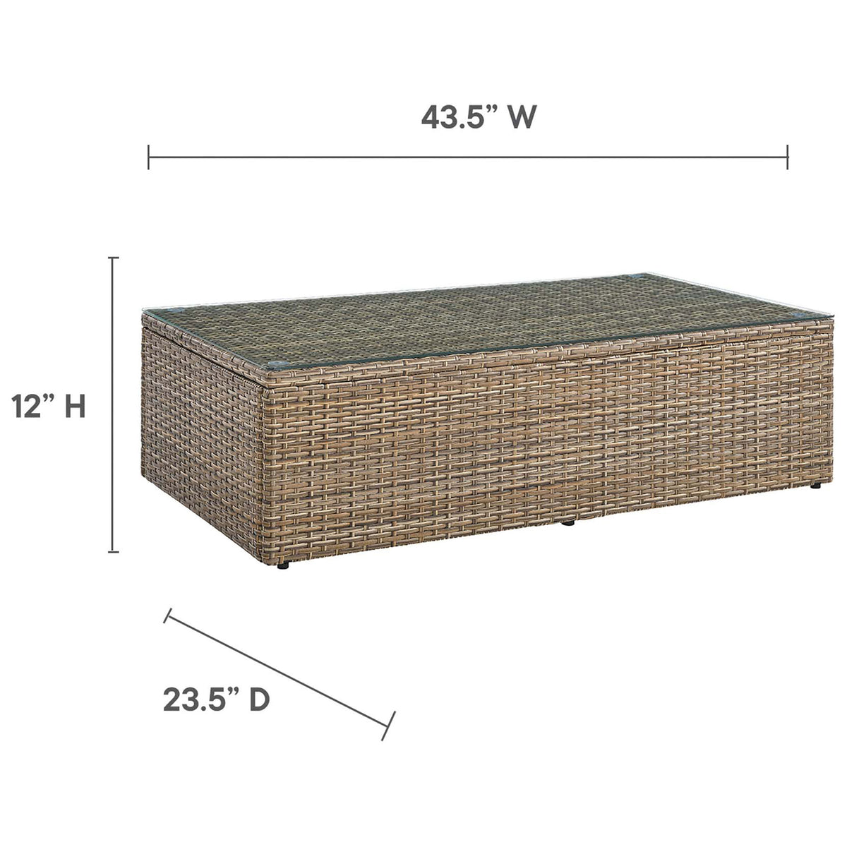 Outdoor wicker coffee table with glass top shown with width, depth, and low profile height dimensions || EEI-6239 || dimension_studio
