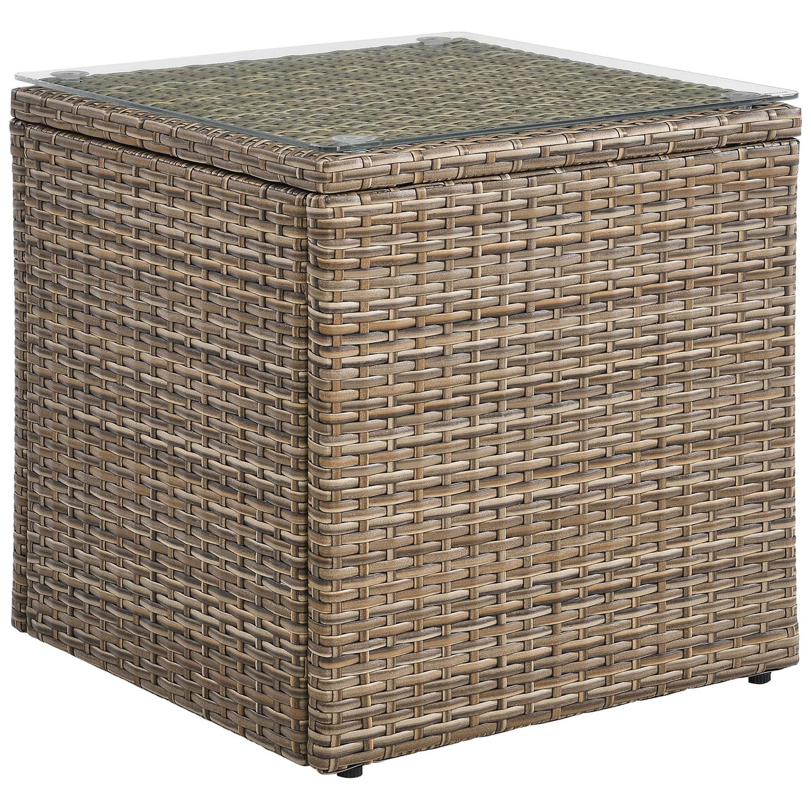Brown rattan outdoor cube side table with clear tempered glass top || EEI-6240 || front_angle_studio