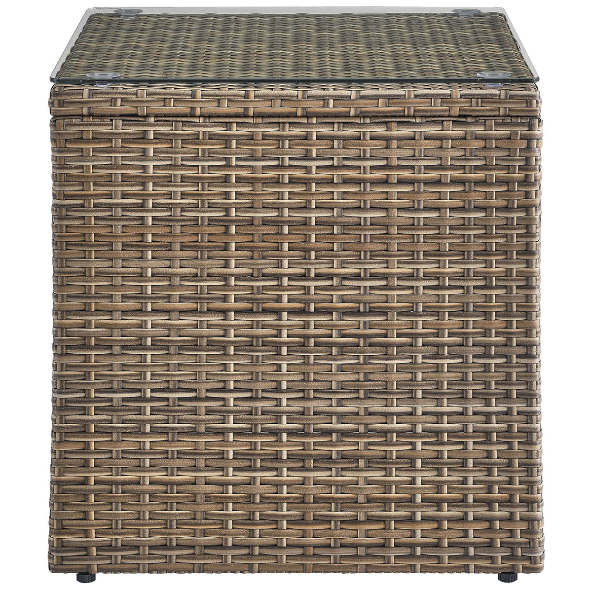 Side profile of woven brown outdoor side table with glass tabletop || EEI-6240 || side_studio
